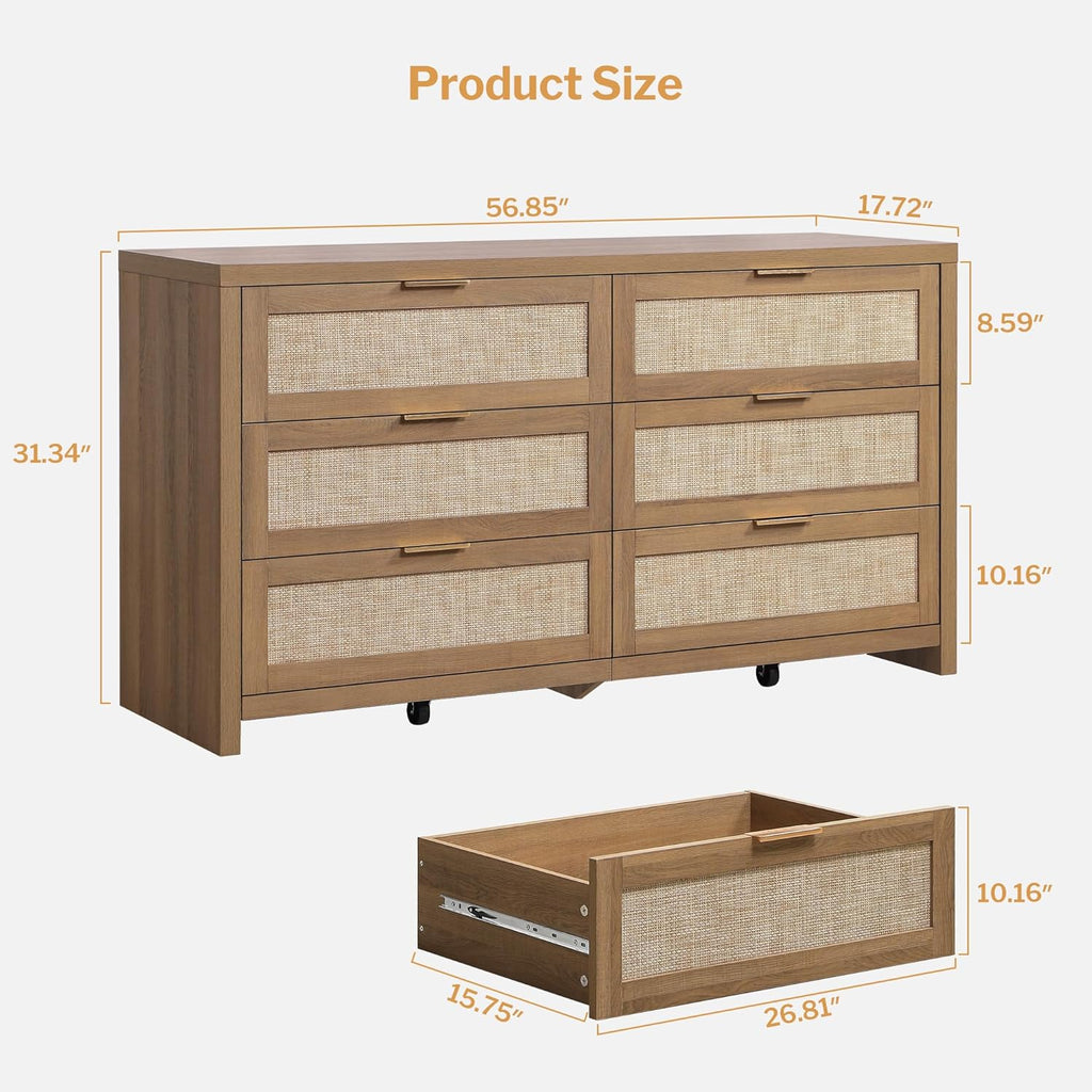 SICOTAS Rattan Dressers for Bedroom Set 2, Large 6 Drawer Dresser Long Chest of Drawers, Dresser Farmhouse TV Stand for Bedroom, Living Room, Nursery, Closet (Reclaimed Caramel Oak, 2 Pieces)