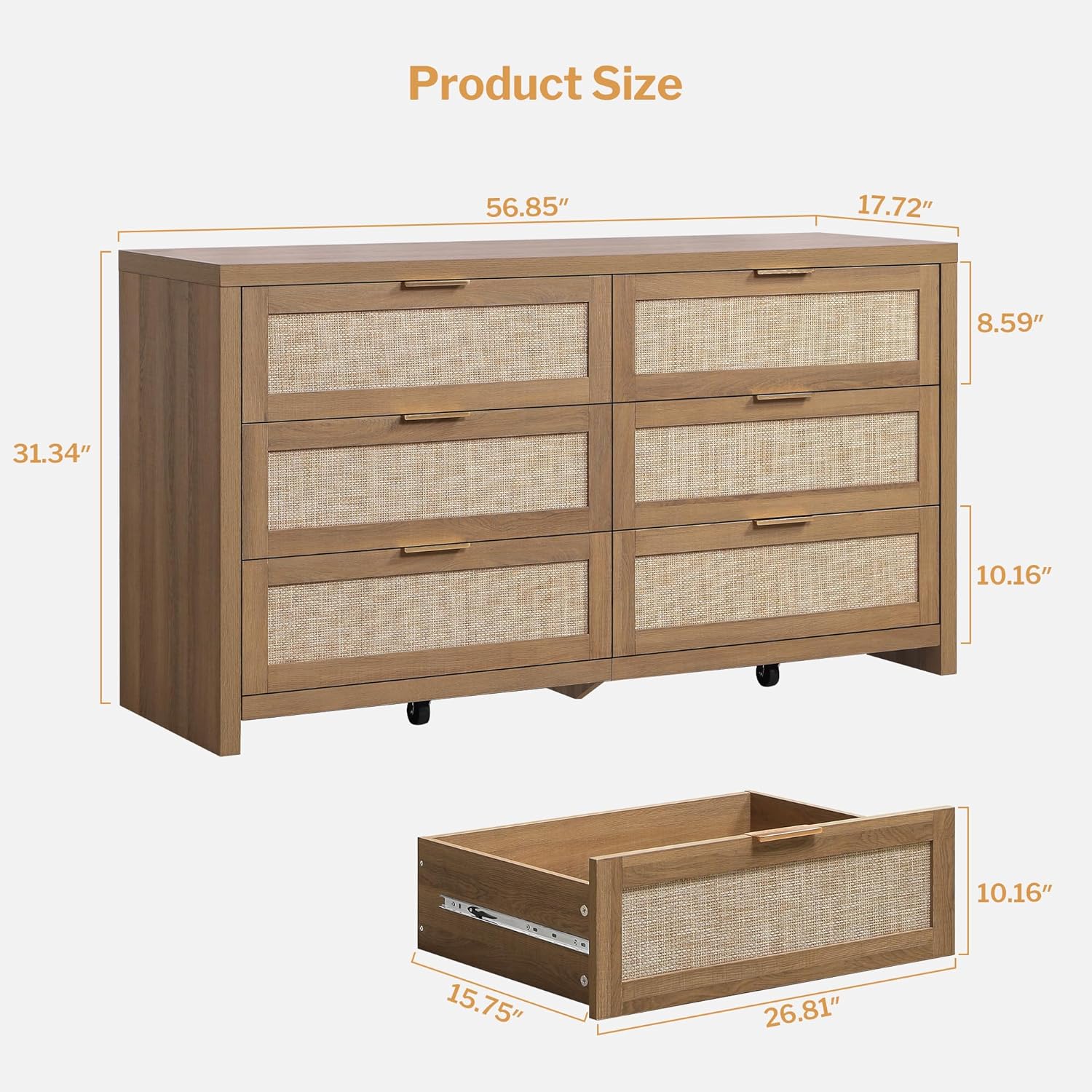 SICOTAS Rattan Dressers for Bedroom Set 2, Large 6 Drawer Dresser Long Chest of Drawers, Dresser Farmhouse TV Stand for Bedroom, Living Room, Nursery, Closet (Reclaimed Caramel Oak, 2 Pieces)