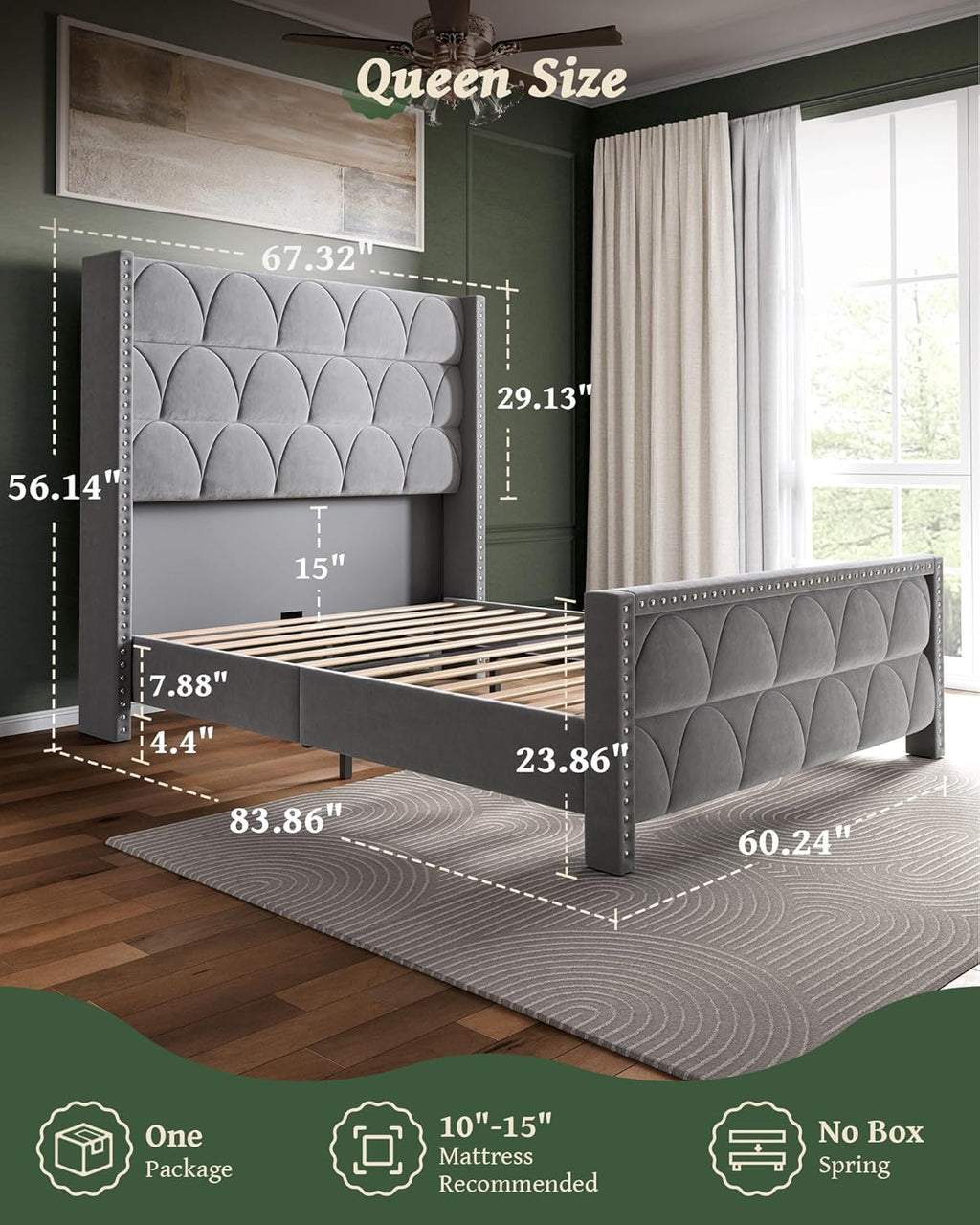 OHOHOLIVE Queen Size Bed Frame with 56" Headboard - Velvet Upholstered Wingback Platform Bed Frame, Noise Free, Sturdy Wooden Slat Support (Deep Gray, Queen)