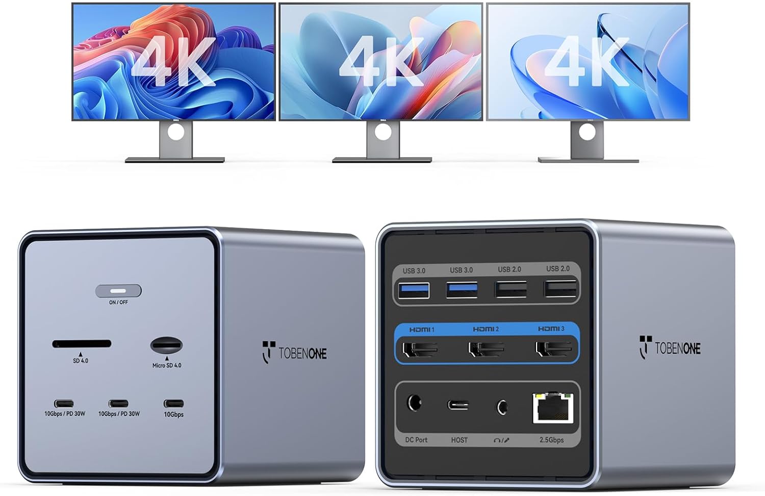 TobenONE 16-in-1 Laptop Docking Station 𝗧𝗿𝗶𝗽𝗹𝗲 𝟰𝗞 Monitor with 150W Power Supply, 3 HDMI, 2.5Gbps Ethernet, 7 USB, USB-C Docking Station for Thunderbolt 5/4/3 Windows/Dell/Lenovo/HP/Asus