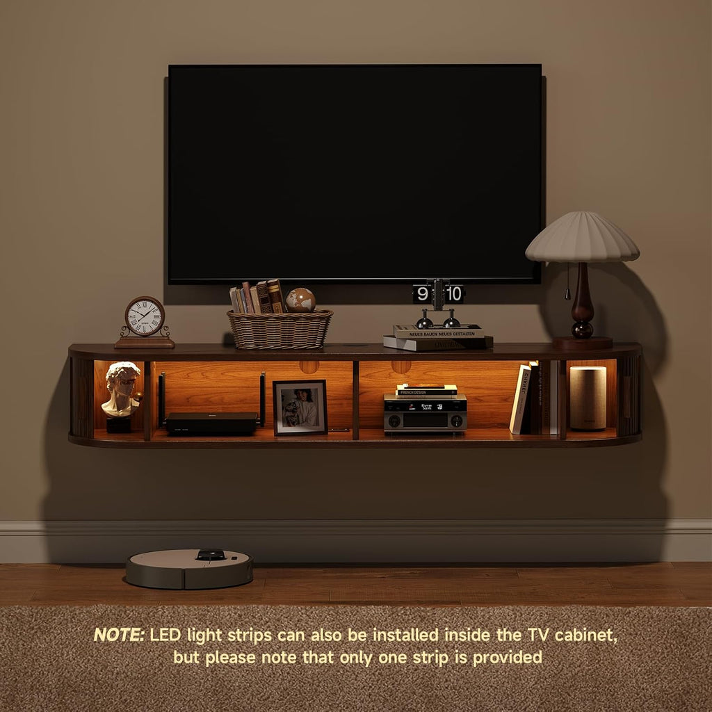 55" Floating TV Stand with Power Outlet for TVs up to 65", Fluted Entertainment Center with Remote Control for LED Lights, Mid-Century Modern TV Console w/Sliding Door for Living Room, Bedroom Walnut