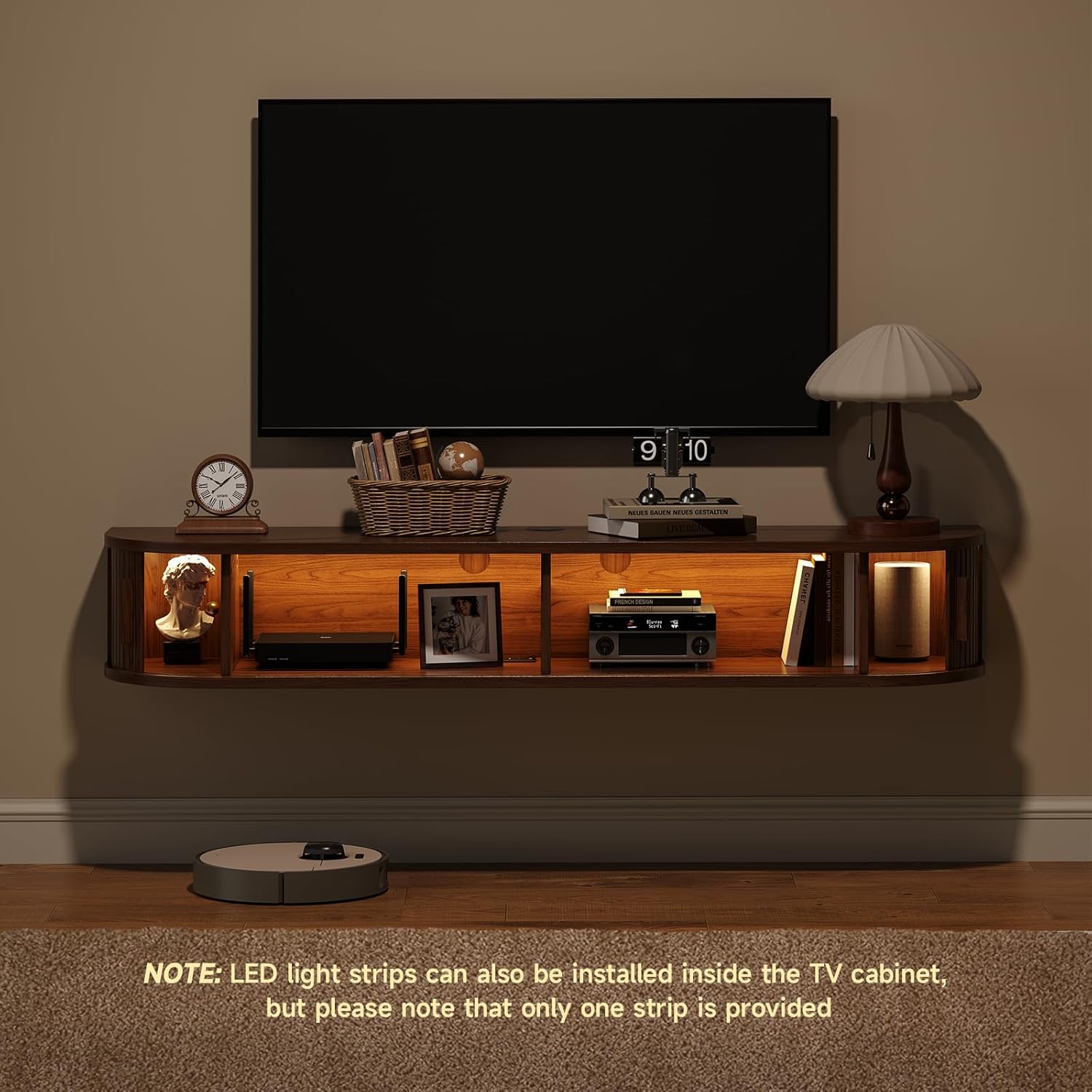 55" Floating TV Stand with Power Outlet for TVs up to 65", Fluted Entertainment Center with Remote Control for LED Lights, Mid-Century Modern TV Console w/Sliding Door for Living Room, Bedroom Walnut