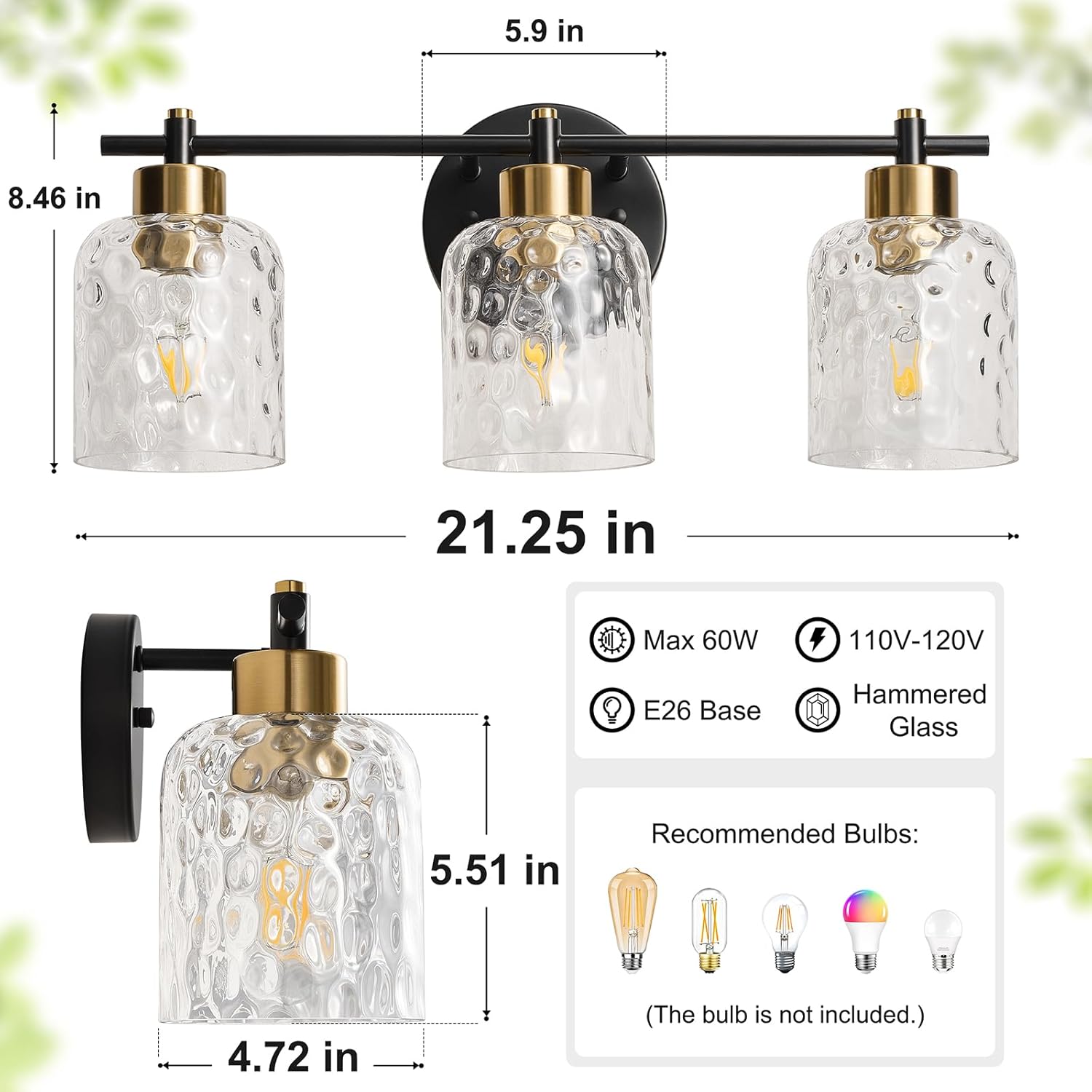 Bathroom Light Fixtures with Hammered Glass, 21.2" 3 Light Farmhouse Vanity Lights for Bathroom, Rustic Black and Gold Vanity Lighting Fixtures Over Mirror Makeup Room