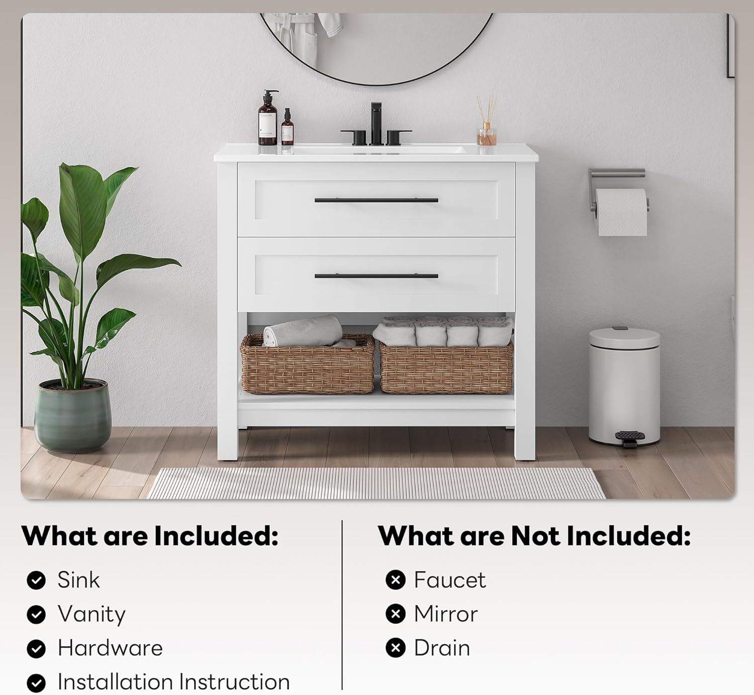 LIKIMIO 36" Bathroom Vanity with Sink, Freestanding Bathroom Vanity with 2 U-Shaped Drawers & Open Shelf, Integrated Ceramic Sink, Modern Bathroom Storage Cabinet, Easy Assembly, White