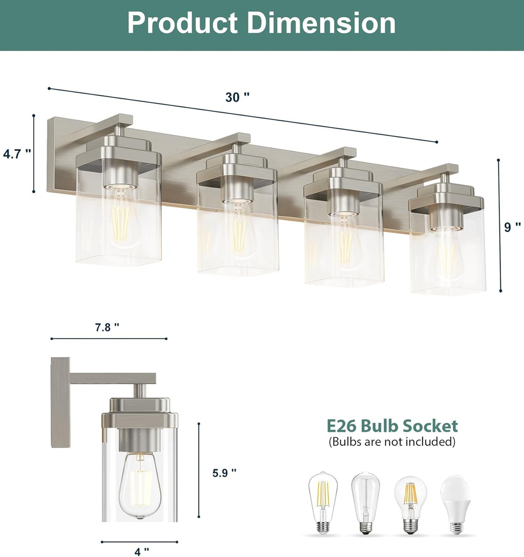 Brushed Nickel Bathroom Light Fixtures, 4 Lights Bathroom Lighting Fixtures Over Mirror, Square Design & Rectangle Large Backplate, Modern Vanity Lighting Fixtures, for Living Room/Bedroom