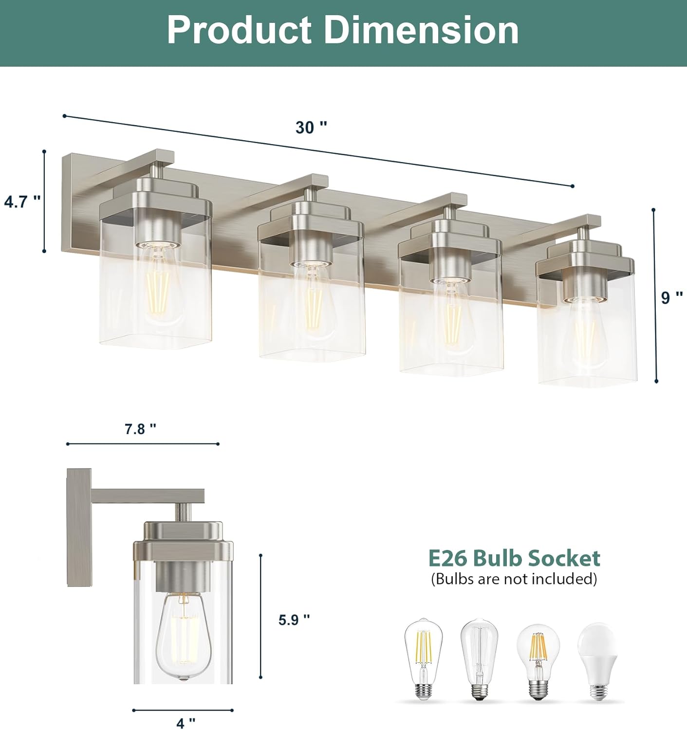 Brushed Nickel Bathroom Light Fixtures, 4 Lights Bathroom Lighting Fixtures Over Mirror, Square Design & Rectangle Large Backplate, Modern Vanity Lighting Fixtures, for Living Room/Bedroom