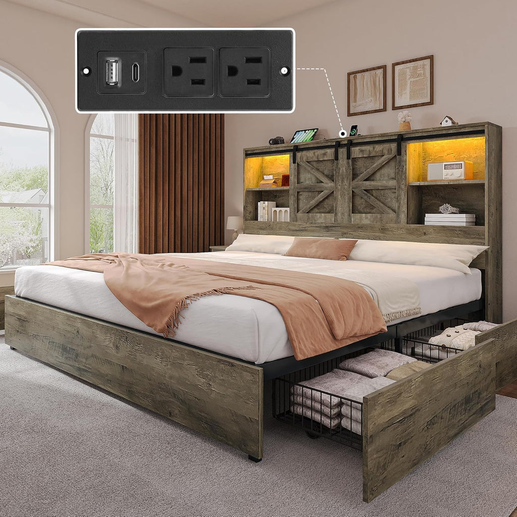 YITAHOME Farmhouse King Size Bed Frame with Storage Bookcase Headboard, Sliding Barn Door, 4 Storage Drawers, RGB LED Bed Frame with USB Charging Station, No Box Spring Needed, Cement Grey