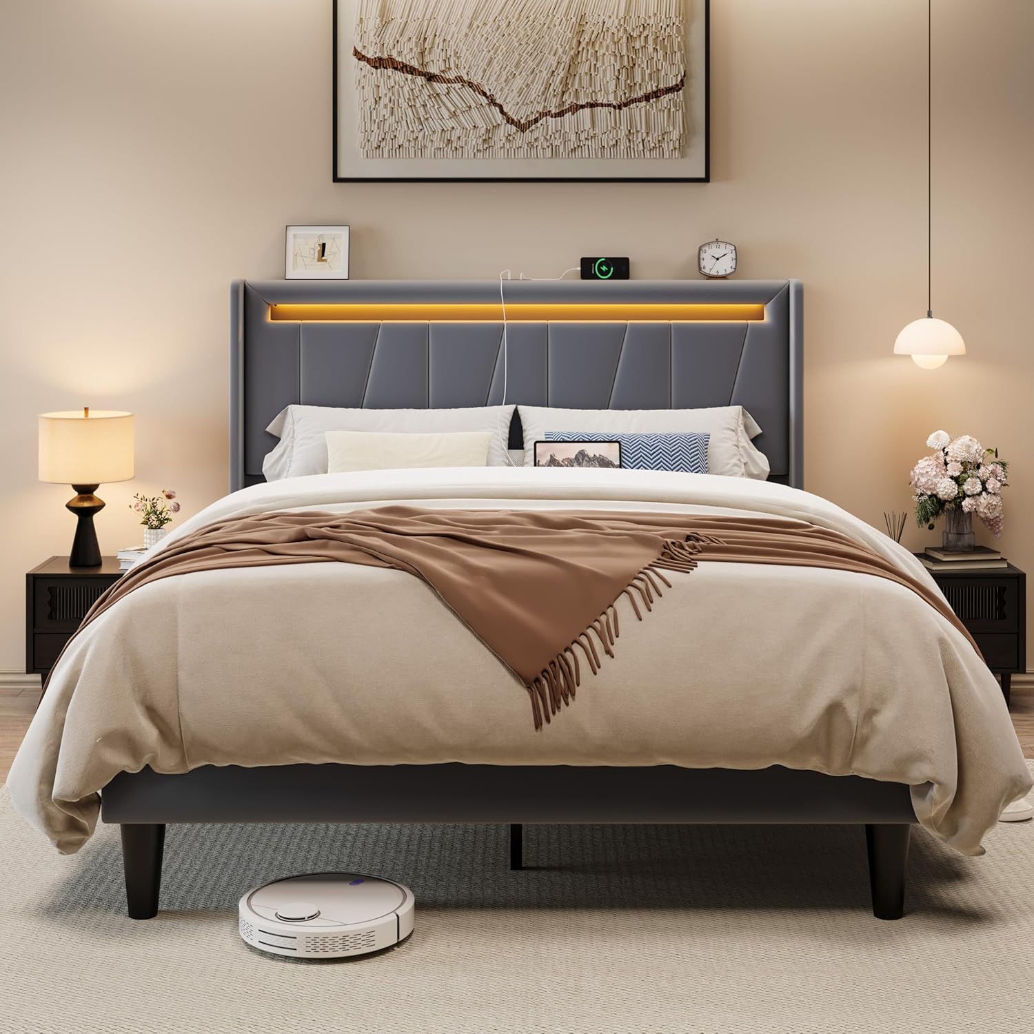 Allewie Queen Size LED Bed Frame with Charging Station, Velvet Upholstered Platform Bed with Geometric Wingback Headboard, Modern Frame with No Box Spring Needed, Easy Assembly, Grey