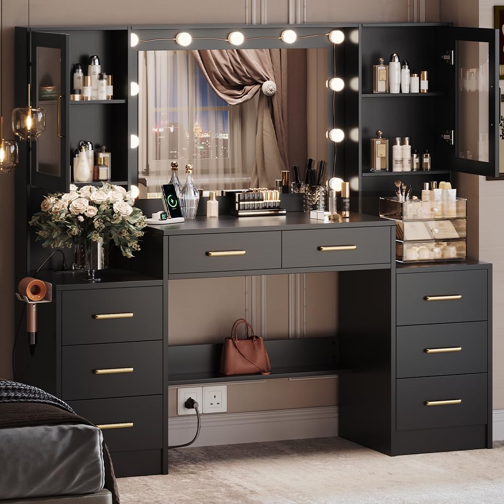TOKSOM Black Vanity Desk with Mirror, Lights & Charging Station, 58.3" 3 Lighting Modes Makeup Desk with 8 Drawers, 2 Cabinets and Lots Storage, Dressing Table Vanity Set with Lighted Mirror