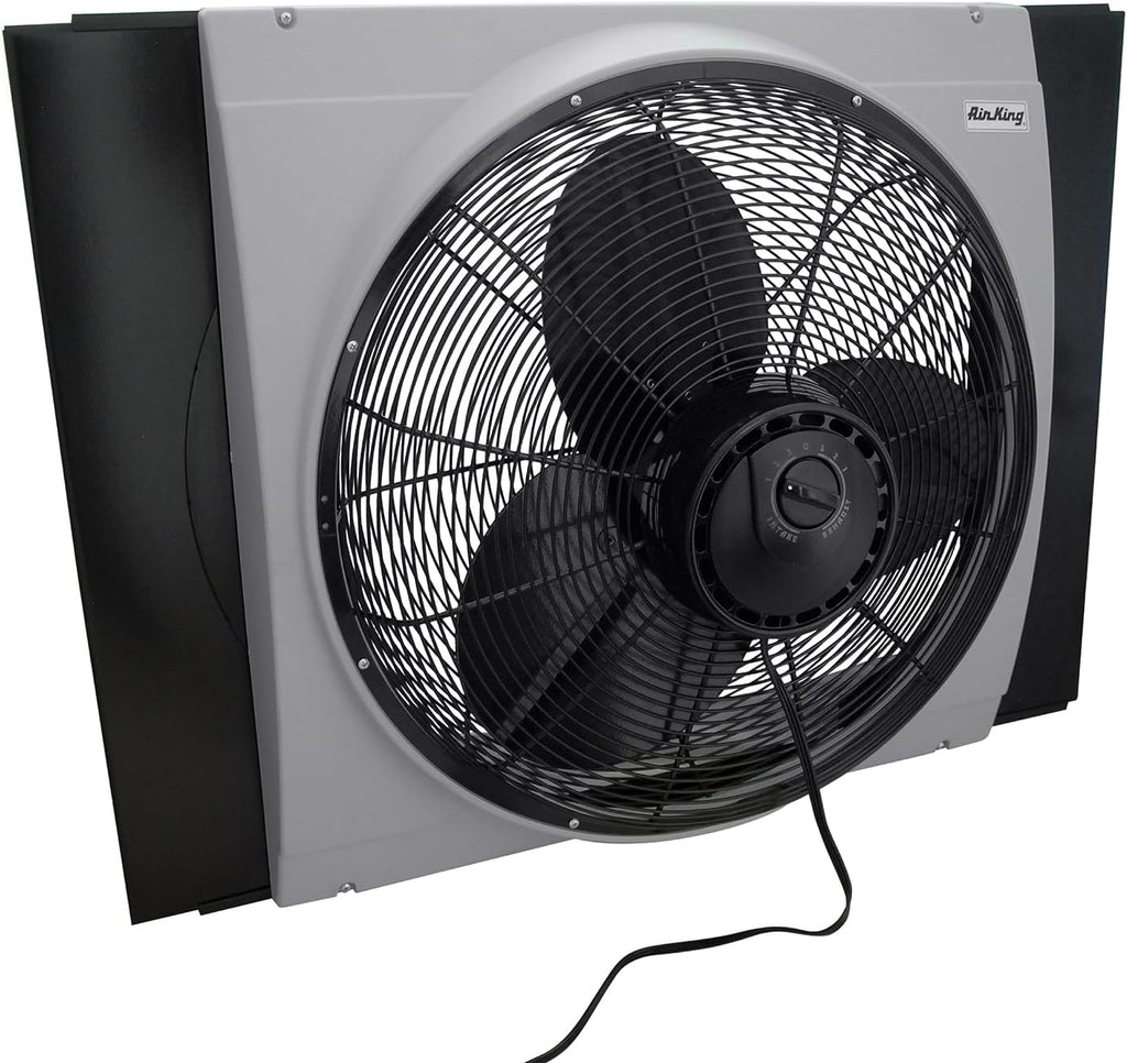 Air King 20" 1/6 HP Whole House Window Fan with 3-Speeds and Storm Guards for Circulation and Exhausting Air, 9166, Black