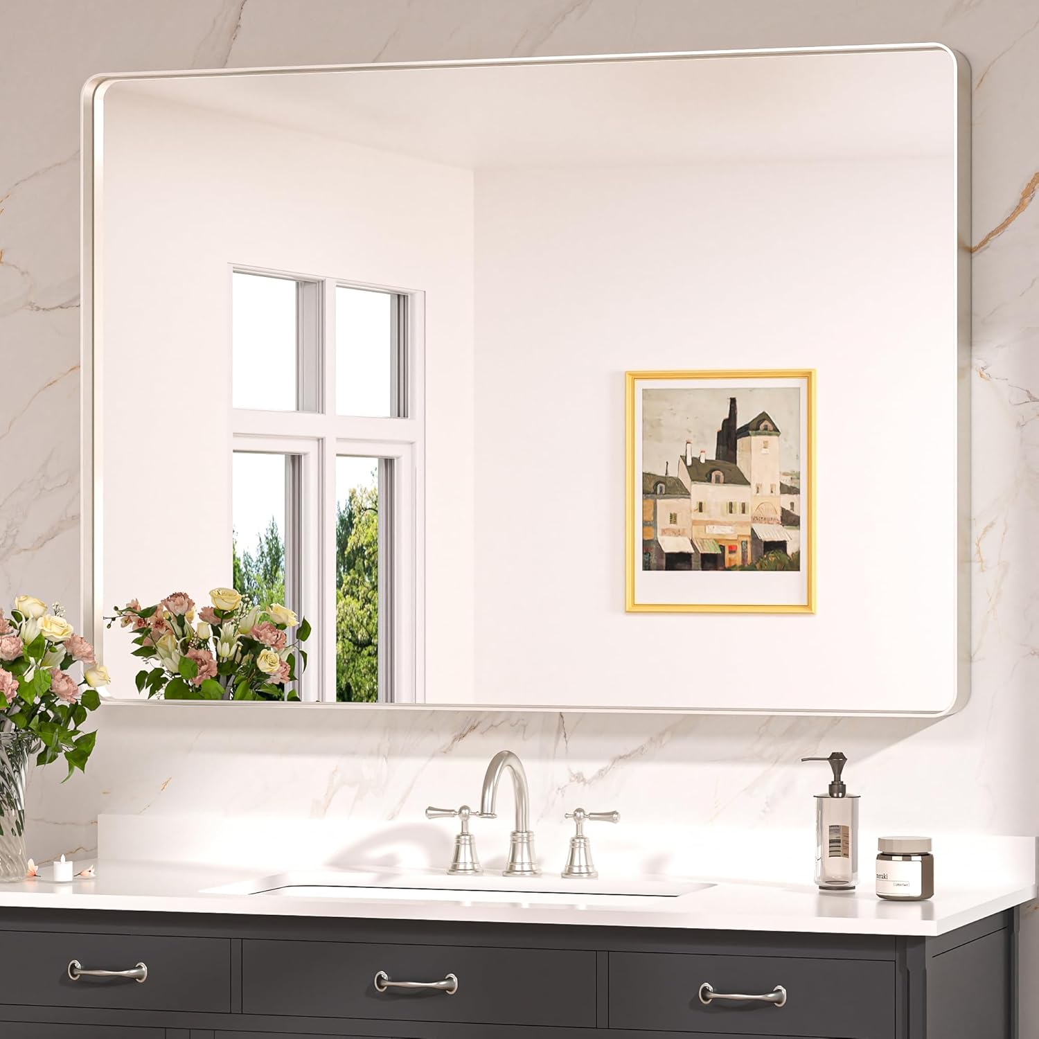Keonjinn 48 x 36 Brushed Nickel Bathroom Vanity Mirror, Large Rounded Rectangle Bathroom Mirrors for over Sink, Metal Framed Silver Mirror for Wall, Shatterproof HD Tempered Glass(Horizontal/Vertical)
