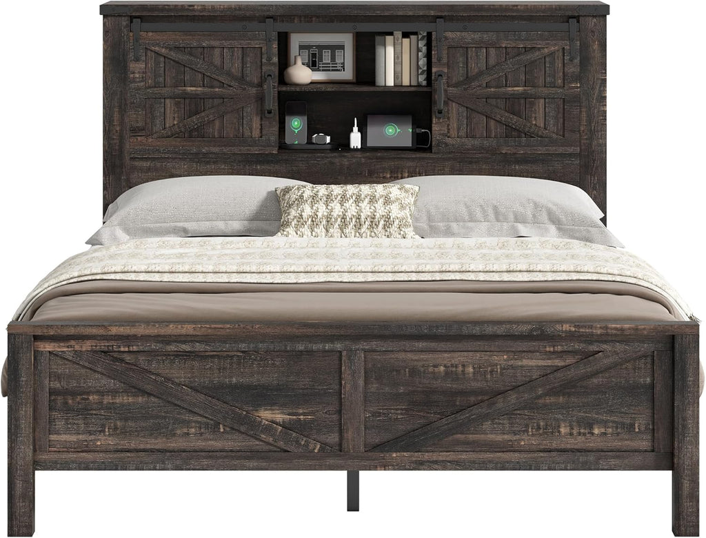 AMERLIFE Farmhouse Queen Bed Frame with Storage Headboard & Charging Station, Rustic Wood Platform Bed with Barn Door Bookcase, No Box Spring Needed, Dark Oak Bedroom Furniture