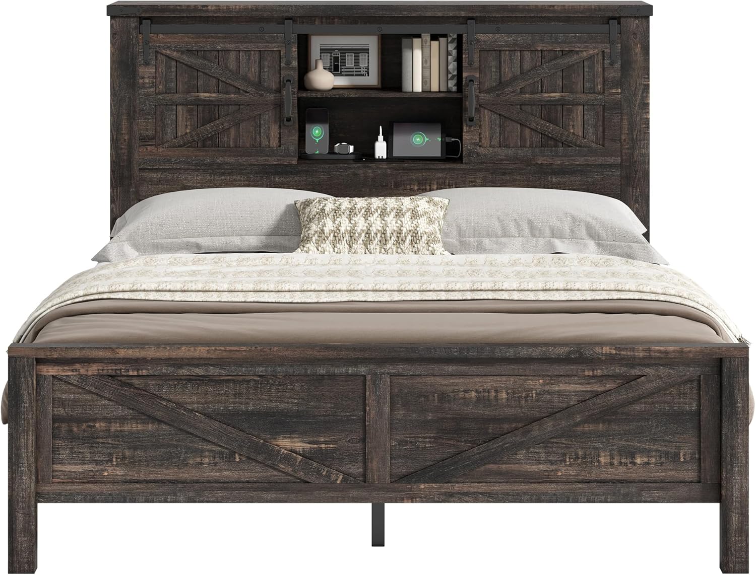 AMERLIFE Farmhouse Queen Bed Frame with Storage Headboard & Charging Station, Rustic Wood Platform Bed with Barn Door Bookcase, No Box Spring Needed, Dark Oak Bedroom Furniture