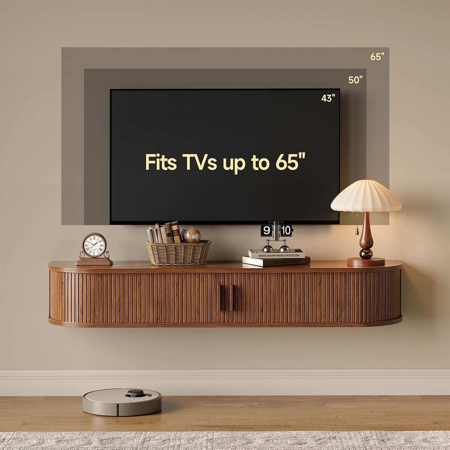 55" Floating TV Stand with Power Outlet for TVs up to 65", Fluted Entertainment Center with Remote Control for LED Lights, Mid-Century Modern TV Console w/Sliding Door for Living Room, Bedroom Walnut