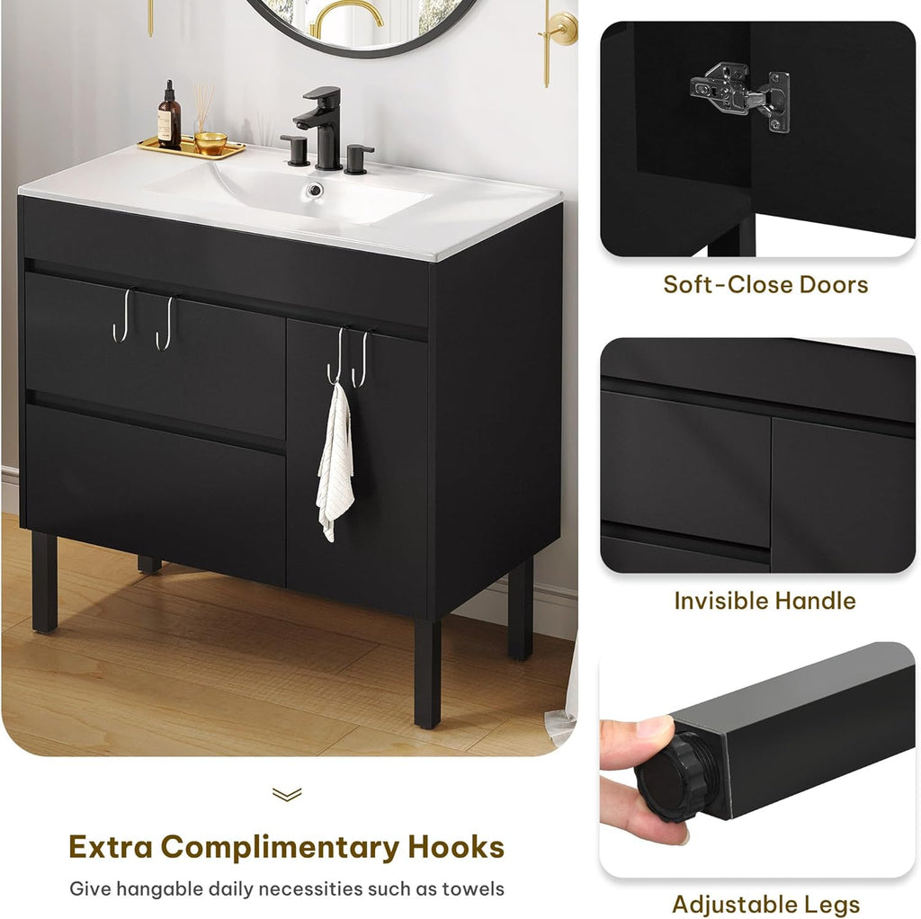 DWVO 36 Inch Bathroom Vanity with Sink, Bathroom Vanity Cabinet, Modern Bathroom Storge Vanity Includes Adjustable Legs, Soft Closing Door, 2 Drawers & Drain