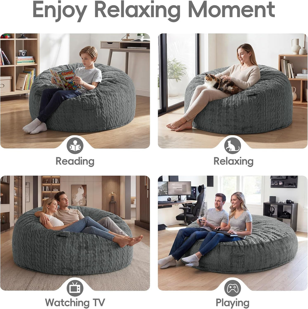 5FT Bean Bag Chair Giant Beanbag Chairs for Adults with Memory Foam Removable Cover Luxurious Braided Fabric, Adult Bean Bag Chairs for Living Room Bedroom Gaming Dorm Office（Grey,5FT-50"*50"*24"）