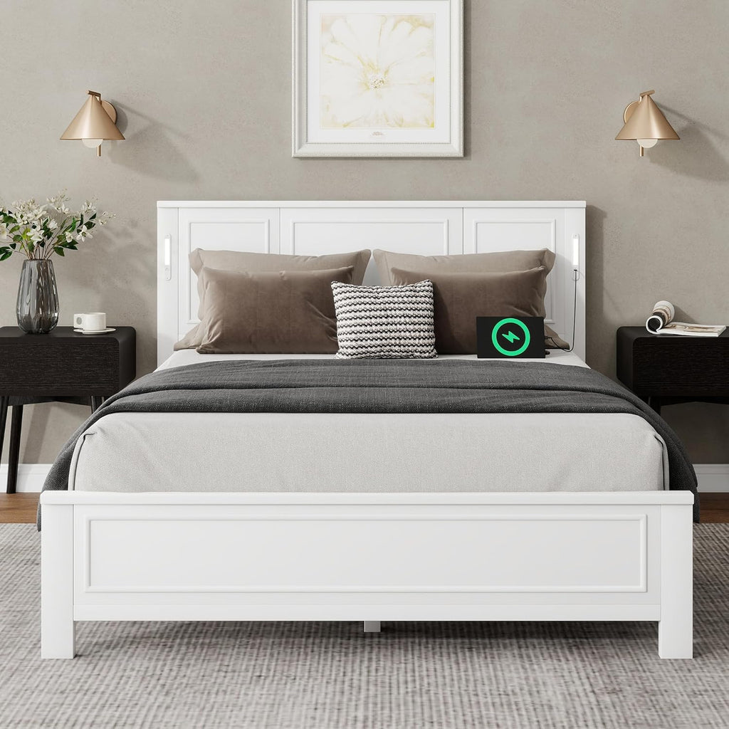 Queen Size Platform Bed Frame, Heavy Duty Pinewood Bedframes with Tall-Panel Headboard and Footboard, Built-in LED Lights/USB Charging Station/No Box Spring Needed, White