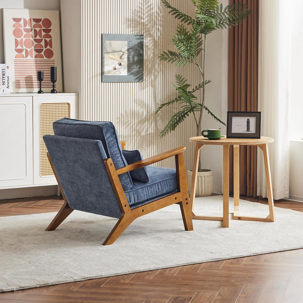 Karl home Accent Chair Wide Armrest Mid-Century Lounge Chair Chenille Armchair with Lumbar Pillow & Solid Wood Frame for Living Room, Bedroom, Balcony, Dusty-Blue