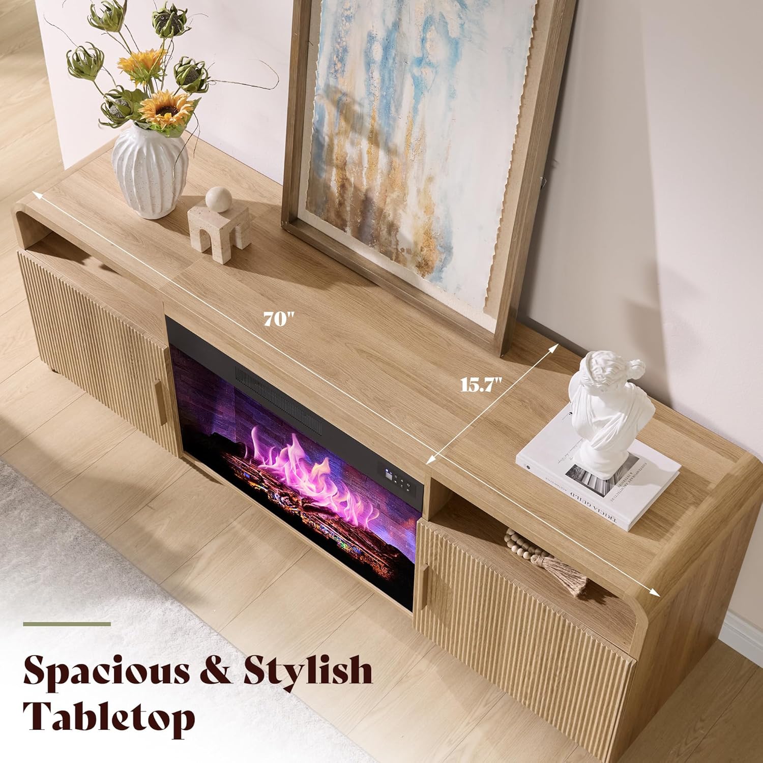 AMERLIFE 70" Fluted Fireplace TV Stand for TVs Up to 80", Modern TV Console with 30" Electric Fireplace & Storage Cabinets, Media Entertainment Center for Living Room, Natural Oak