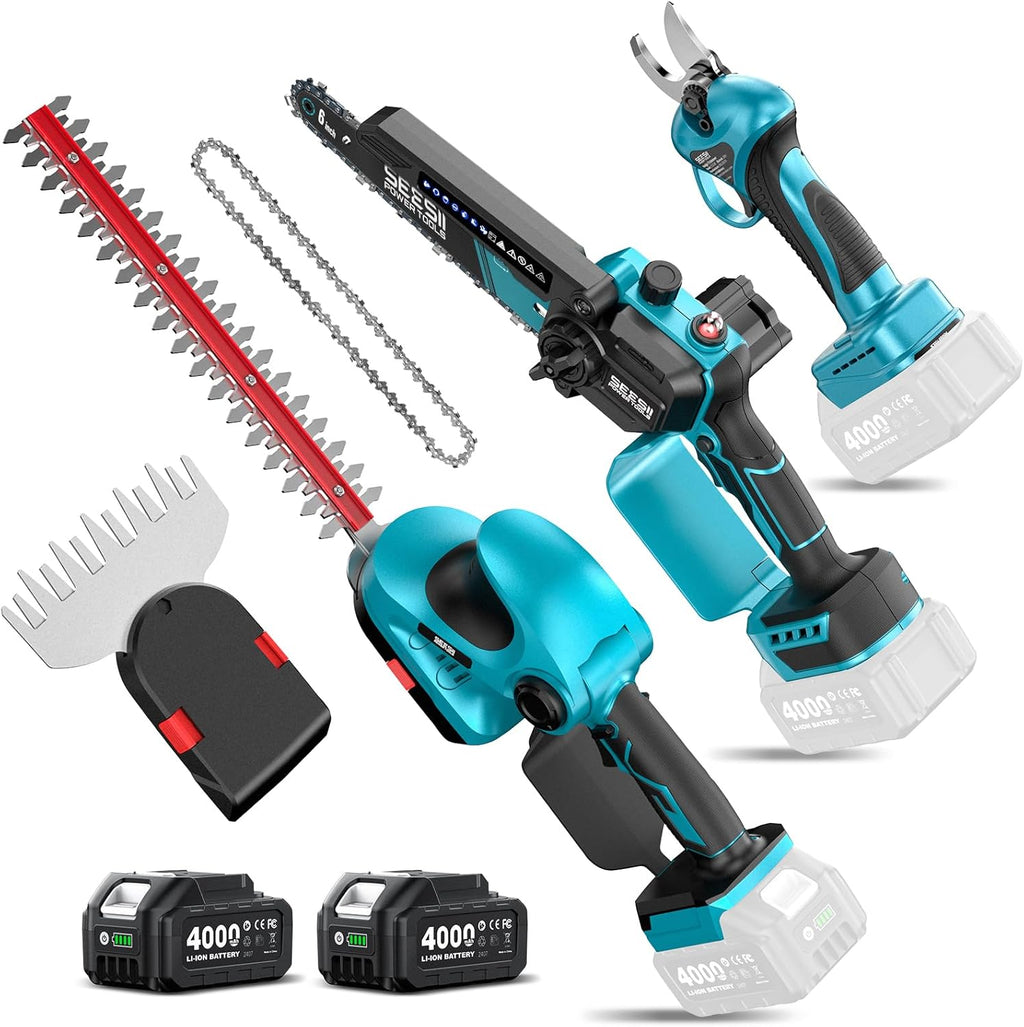 SEESII Electric Chainsaw Trimmer Pruner: 4-in-1 Cordless Chainsaw, Hedge Trimmer, Pruning Shears with 2× Rechargeable 4000mAh Batteries, Garden Tool Kit for Tree Trimming and Branch Cutting