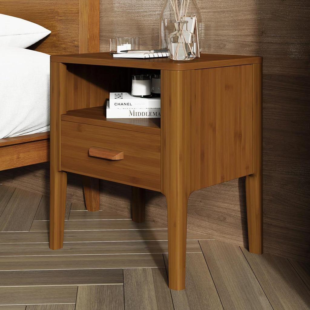 Merax 3 Pieces Bamboo Bedroom Sets, Mid-Century Modern King Size Platform Bed with Tall Headboard, Storage Drawer Night Stands Set, Wood Slats Support, No Box Spring Needed, Easy Assembly, Brown