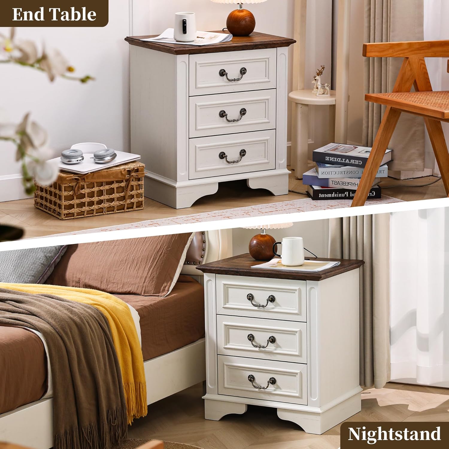 Farmhouse Dresser and Nightstand Sets, 6-Drawer with 7 Drawer Dresser & 3 Drawer Nightstand Sets, 4 Pieces Rustic Wood Bedroom Furniture Set for Home, Bedroom, Hallway(White)