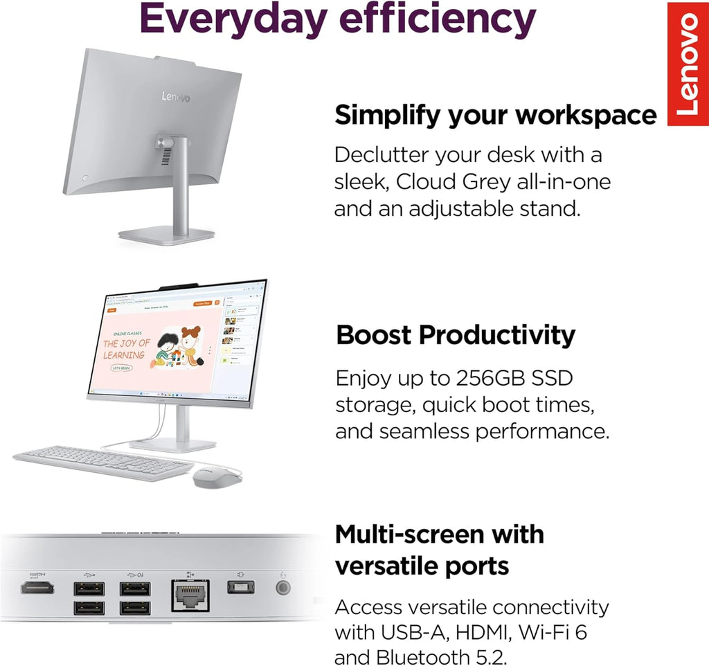 Lenovo IdeaCentre Everyday Tasks 24" Full HD All-in-One Desktop Computer • Office 365 for the Web • Intel 4-Cores • 256GB SSD • 8GB RAM • KB and Mouse • Windows 11