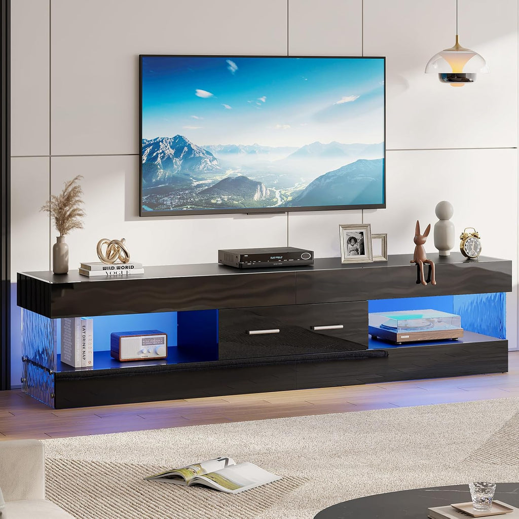 Bestier 67" Modern TV Stand for TVs 55 to 75 Inch, High Gloss LED Entertainment Center with Stone-Patterned Doors, TV Console with Drawer & Storage for Living Room, Black