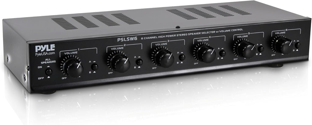 Pyle 6 Channel Speaker Selector Switch - Multi Zone A B Speaker Distribution Controller Box w/ Independent Audio Source Volume Control, Supports Home Theater Stereo Receiver System - Pyle PSLSW6