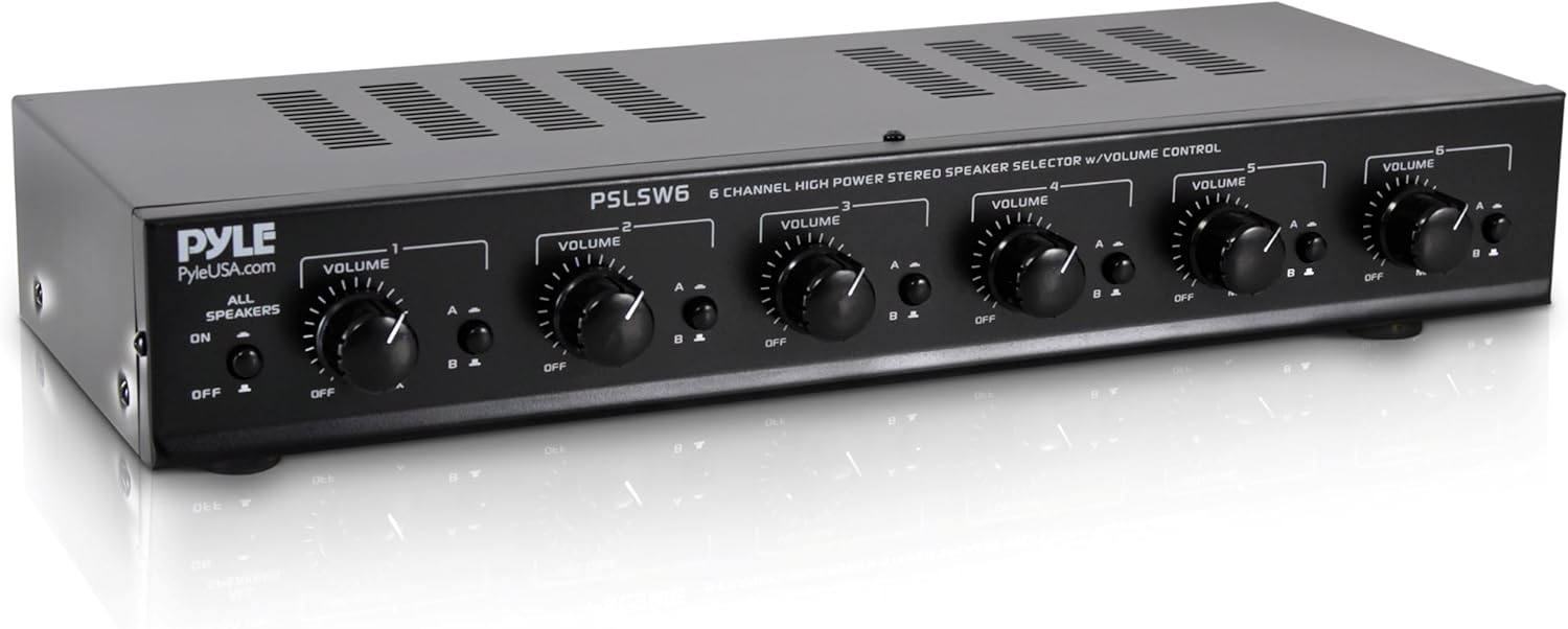 Pyle 6 Channel Speaker Selector Switch - Multi Zone A B Speaker Distribution Controller Box w/ Independent Audio Source Volume Control, Supports Home Theater Stereo Receiver System - Pyle PSLSW6