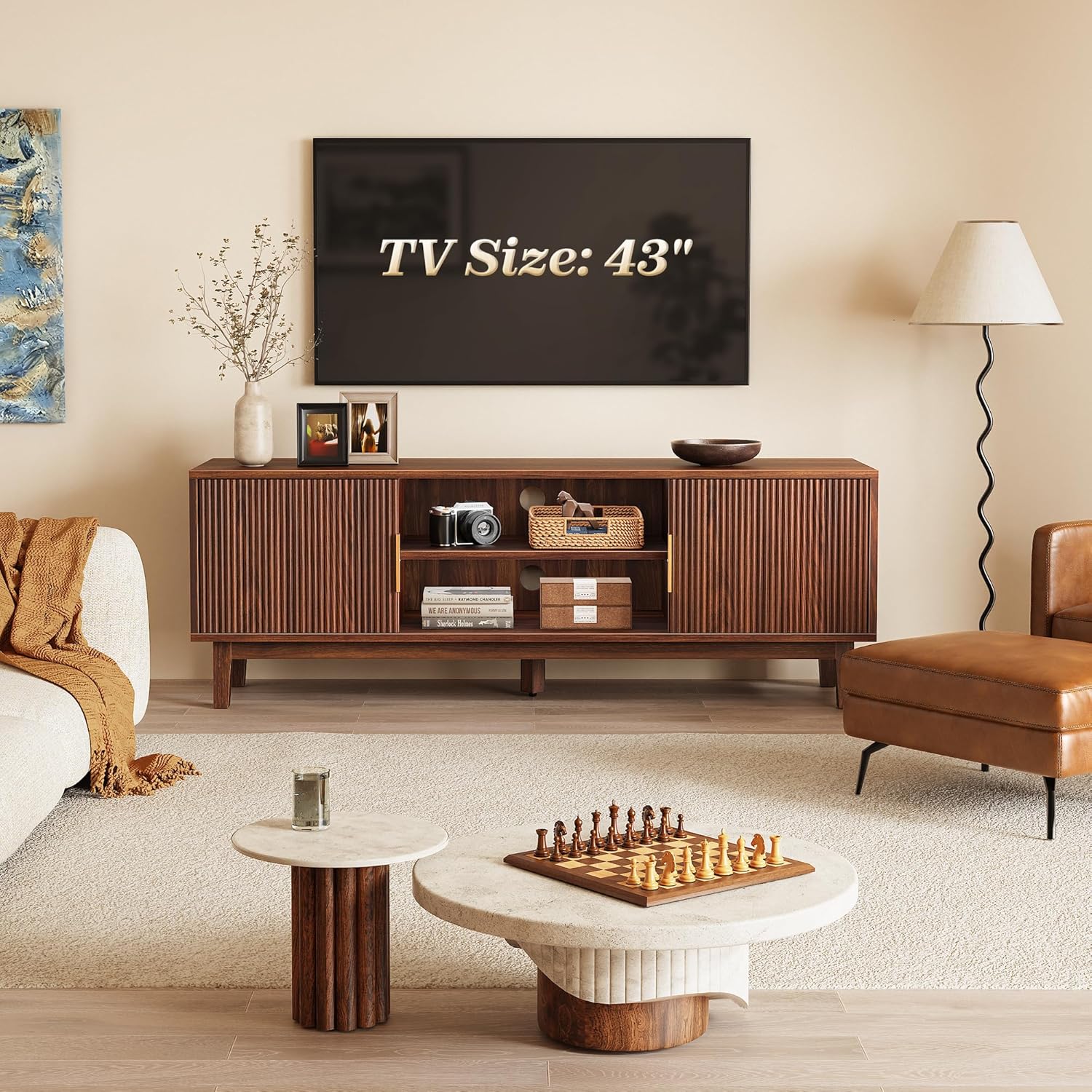PRAISUN 54 Inch TV Stand for 50, 55 Inch TV, Fluted Entertainment Center with 2 Cabinets, TV Consoles for Living Room, 3-Level Adjustable Shelf, 4 Cable Holes, Meida Console, Walnut