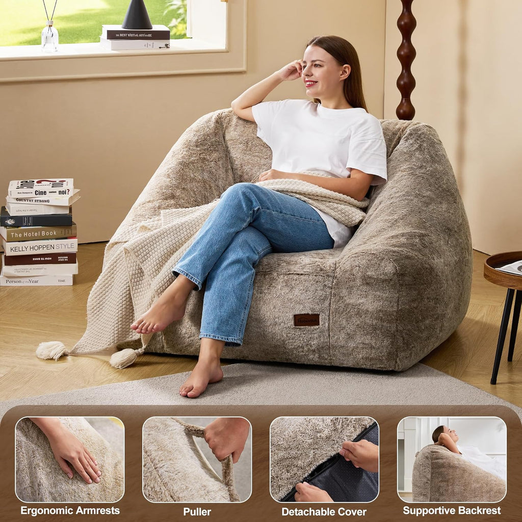 Hobestluk Giant Bean Bag Chair Memory Foam Filled Sofa Chair Bean Bag for Adults/Teens/Kids, Oversized Lazy Accent Comfy Stuffed BeanBag Sofa for Living Room Bedroom Dorm Reading(Brown)