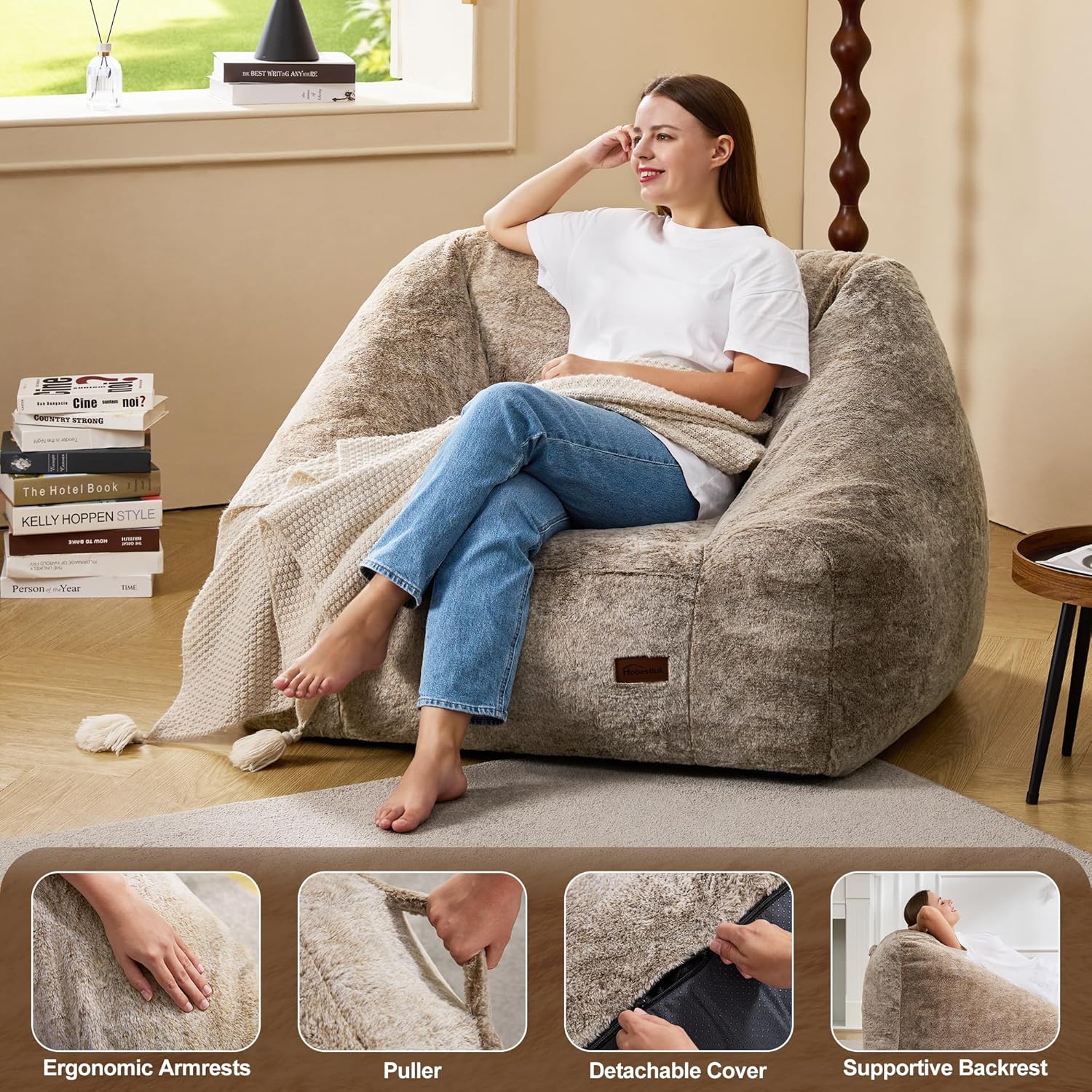 Hobestluk Giant Bean Bag Chair Memory Foam Filled Sofa Chair Bean Bag for Adults/Teens/Kids, Oversized Lazy Accent Comfy Stuffed BeanBag Sofa for Living Room Bedroom Dorm Reading(Brown)