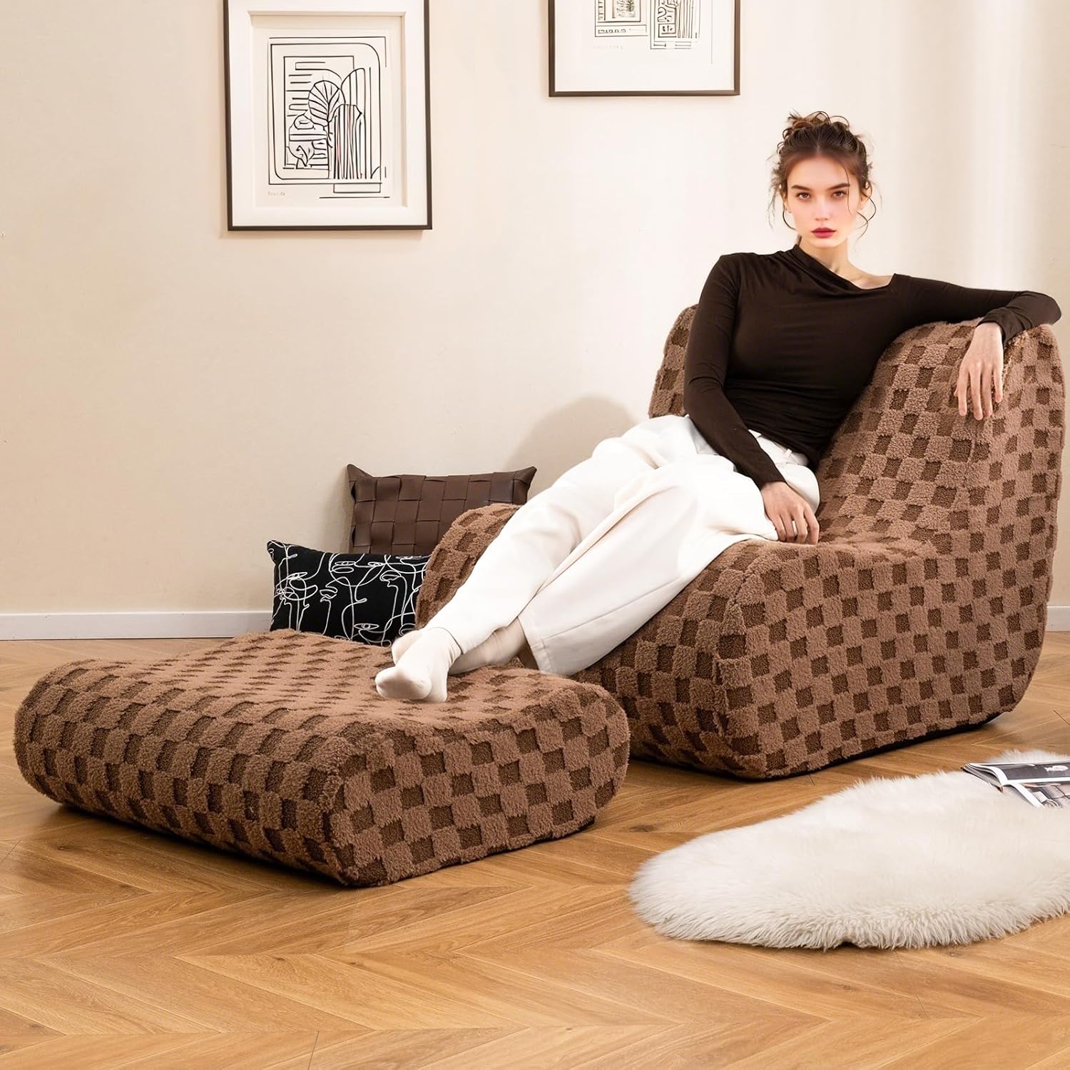 Giantex Bean Bag Chair with Ottoman, Comfy Lazy Sofa Chair with One-Piece Foam Filling, Washable Teddy Fleece Cover, Non-Slip Bottom, Floor Beanbag Sofa Bed with Footstool for for Living Room (Brown)