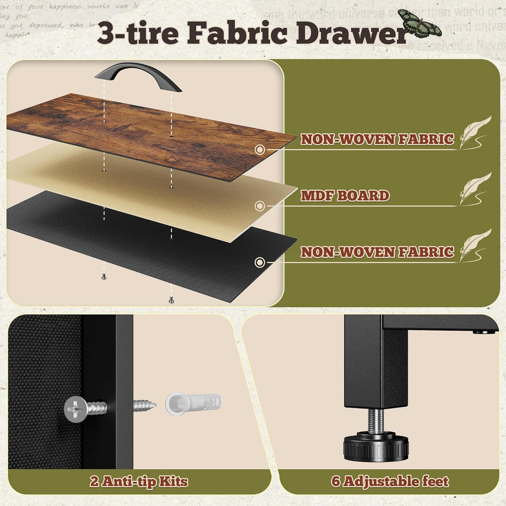 Romorgniz 55" W Dresser for Bedroom with 9 Drawers LED TV Stand with Power Outlets for 45, 55, 65 Inch TV Sturdy Long Chest of Drawers with Extra 2 Wooden Shelves Steel Frame Rustic Brown