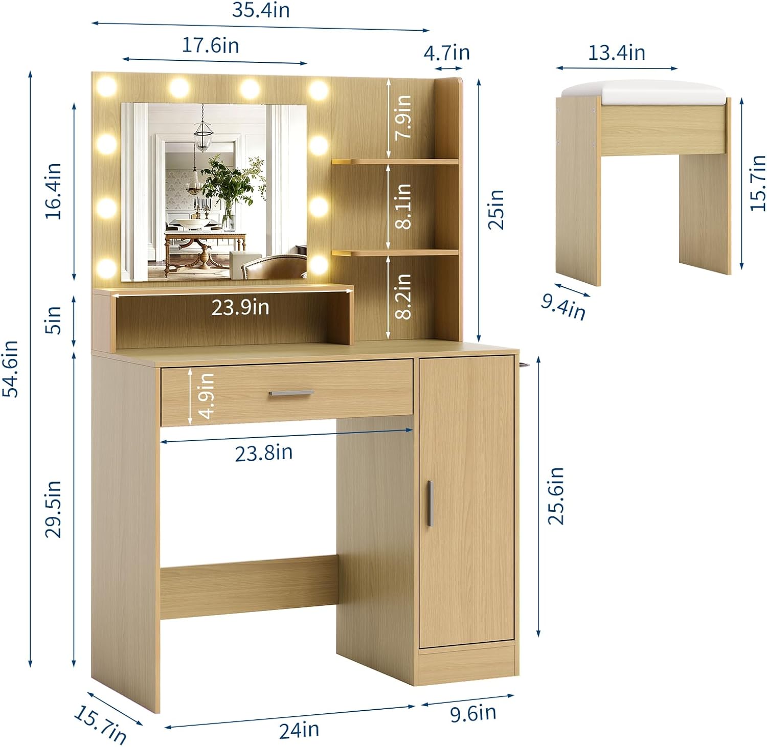 Garvee Vanity Desk with Mirror and Light, Makeup Dressing Table with Large Drawers and 3-Level Storage Dresser, 3 Lighting Modes Adjustable Brightness, Modern Vanity Set for Bedroom, Natural