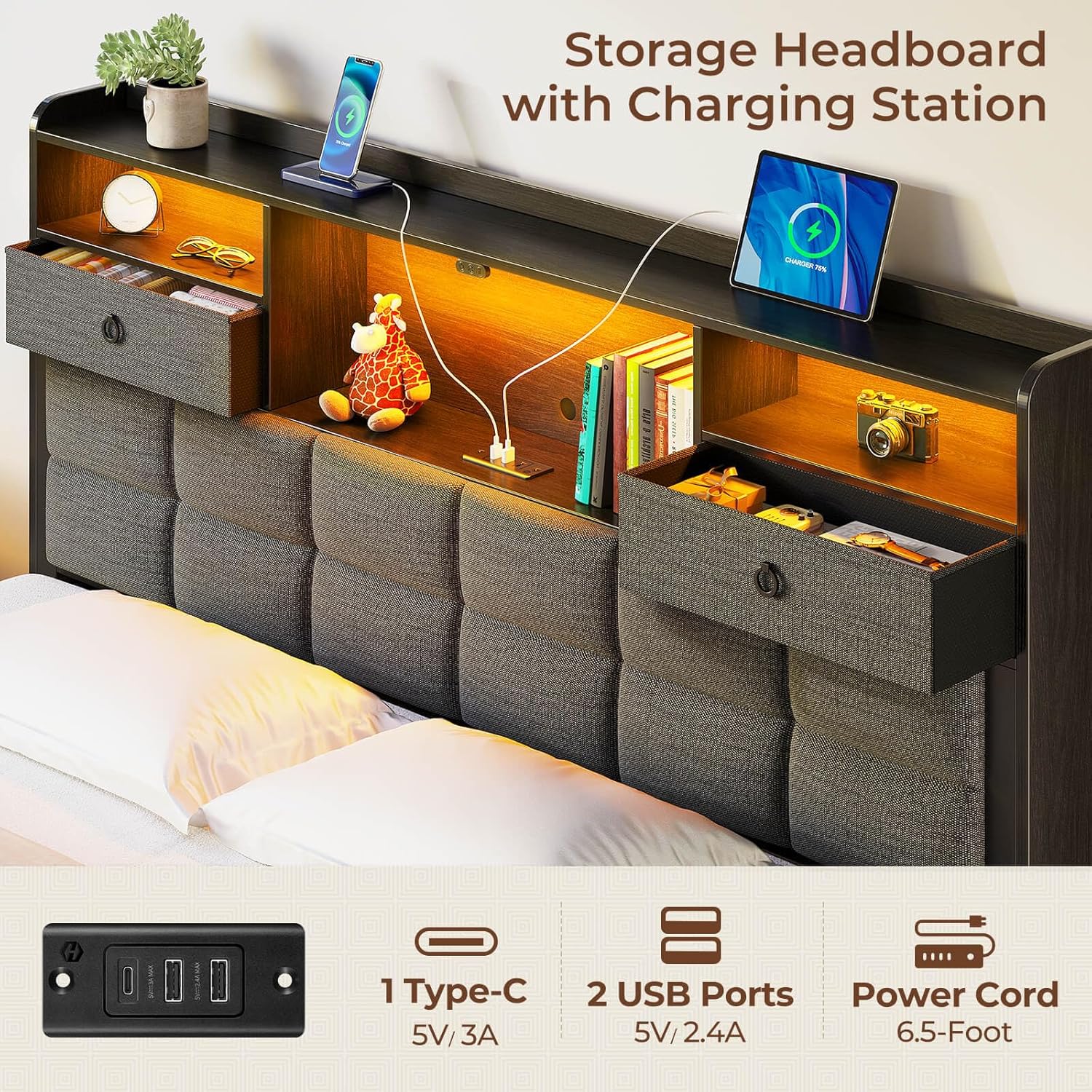 Rolanstar Bed Frame Full Size with Drawers and Charging Station, Upholstered Platform Bed with Storage Headboard and LED Light, Heavy Duty Metal Frame Support, No Box Spring Needed, Noise Free, Grey