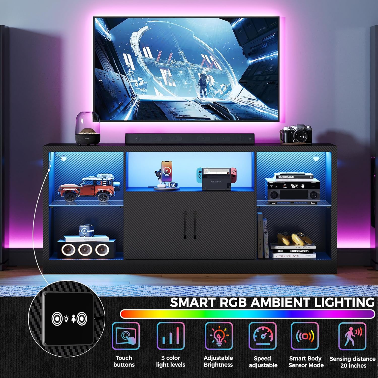 IRONCK TV Stand for TVs 65 inch with Power Outlet and LED Lights, Carbon Fiber Entertainment Center with Storage Cabinets, Adjustable Glass Shelves, Modern TV Stands for Living Room, Black