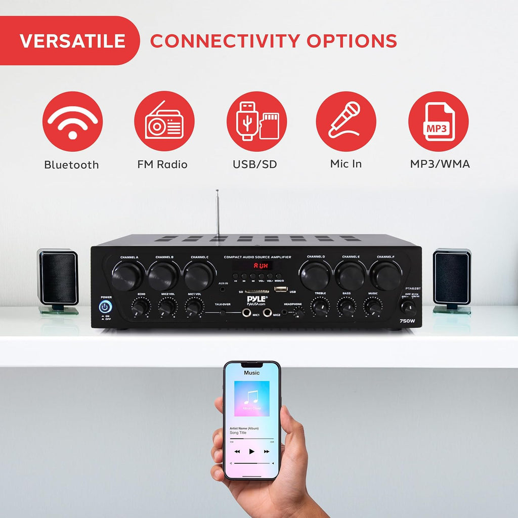 Pyle Bluetooth Wireless Home Amplifier System - Upgraded 6 Channel Audio, 750 Watt Power, Easy Karaoke, Stereo Receiver w USB-A, Micro SD, Headphone, 2 Microphone Input w/Echo, Talkover for PA