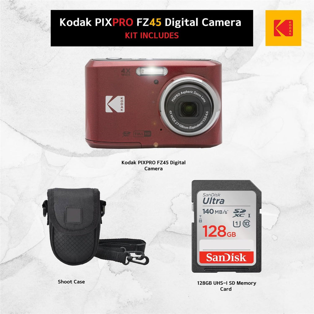 Kodak PIXPRO FZ45 Digital Camera + Point & Shoot Camera Case + Sandisk 128GB SDXC Memory Card