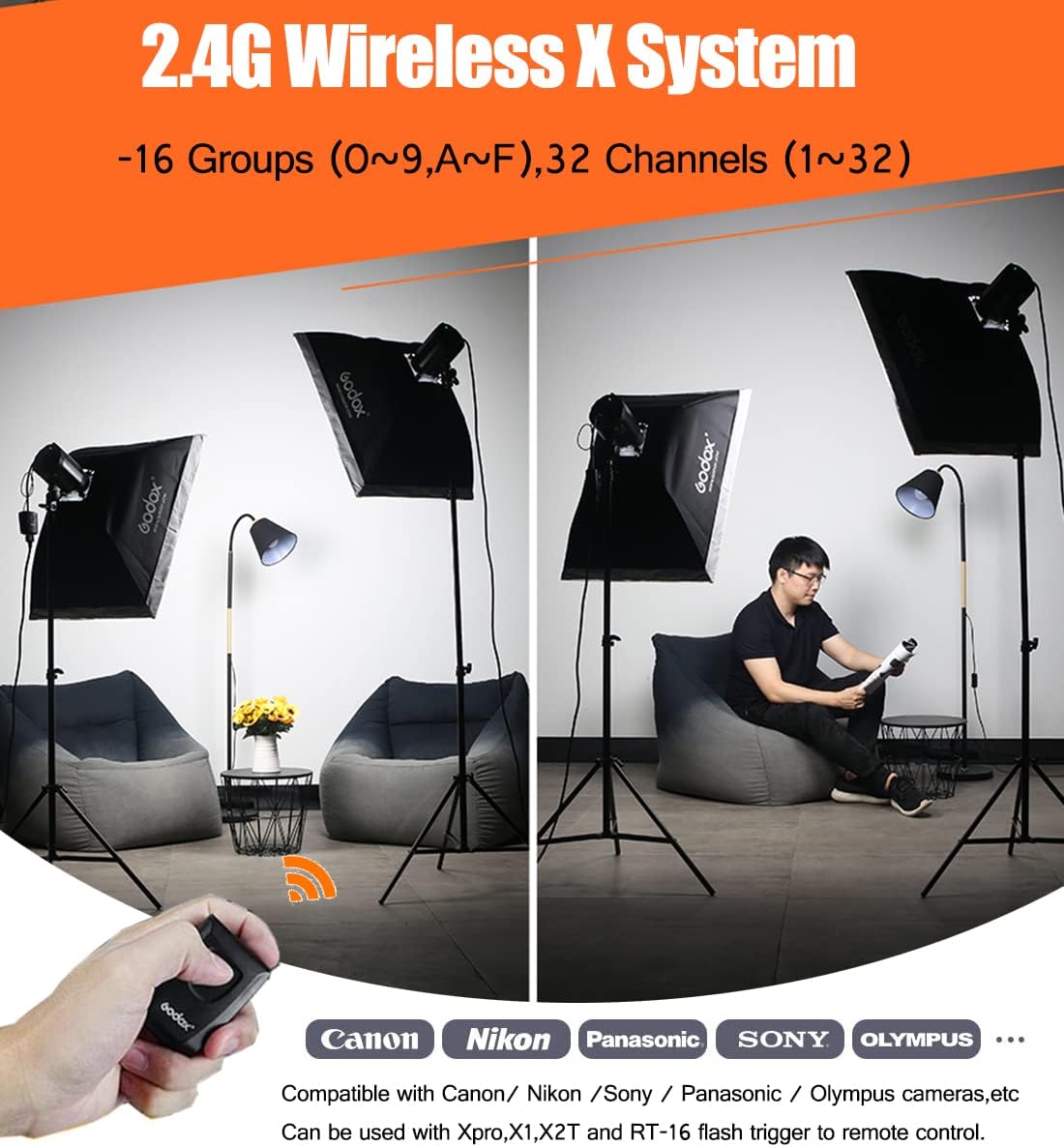 2pcs Godox MS300 600W Studio Strobe Flash Kit Bowens Mount Lighting,2.4G Wireless GN58 5600K Monolight with 150W Modeling Lamp,RT-16 Flash Trigger,Light Stands,Softbox,Umbrellas,Reflectors
