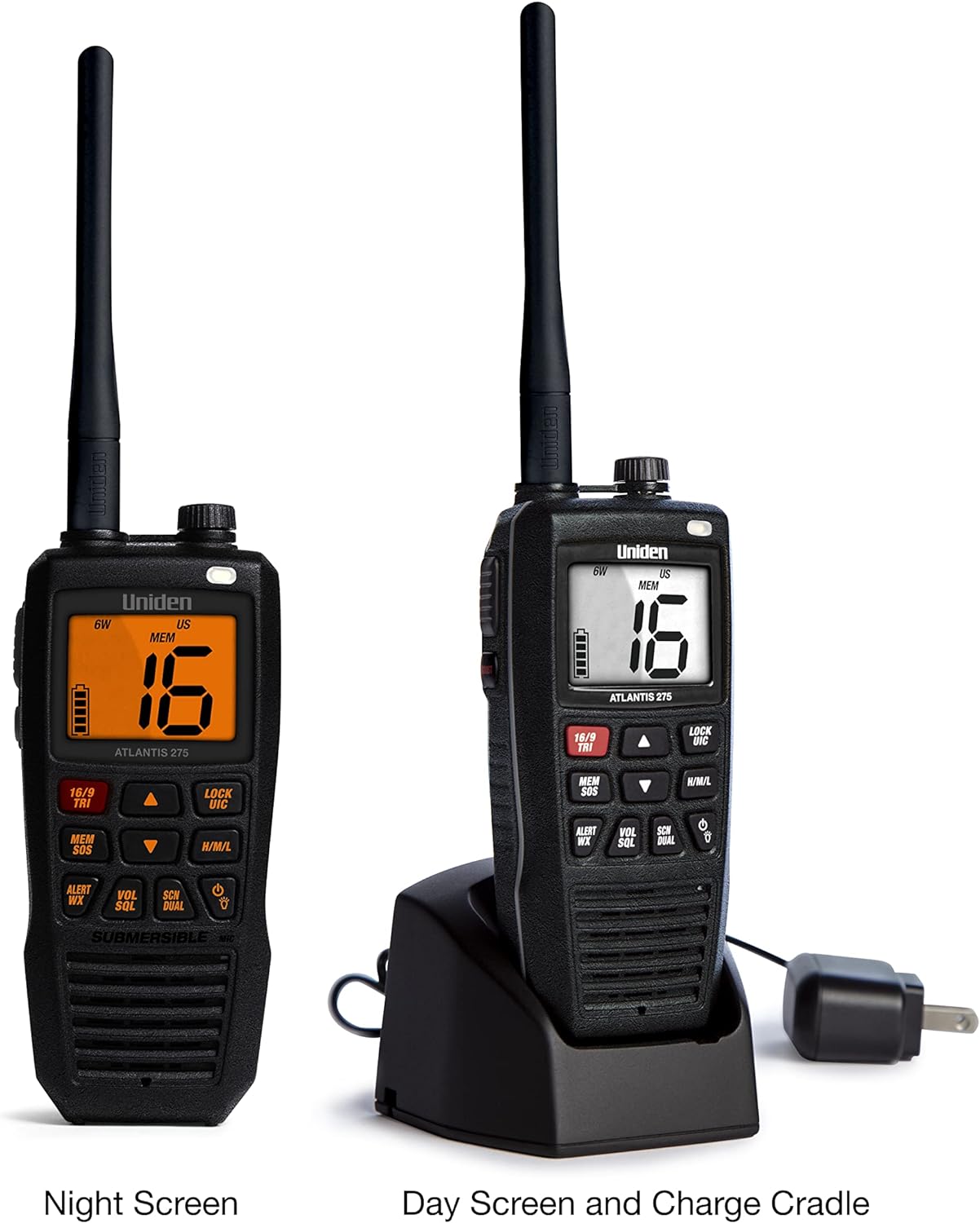 Uniden Atlantis 275 Handheld Two-Way VHF Marine Radio, Floating IPX8 Submersible Waterproof, Large Dual-Color Screen, 6-Watt, All USA/International/Canadian Marine Channels, NOAA Weather Alerts