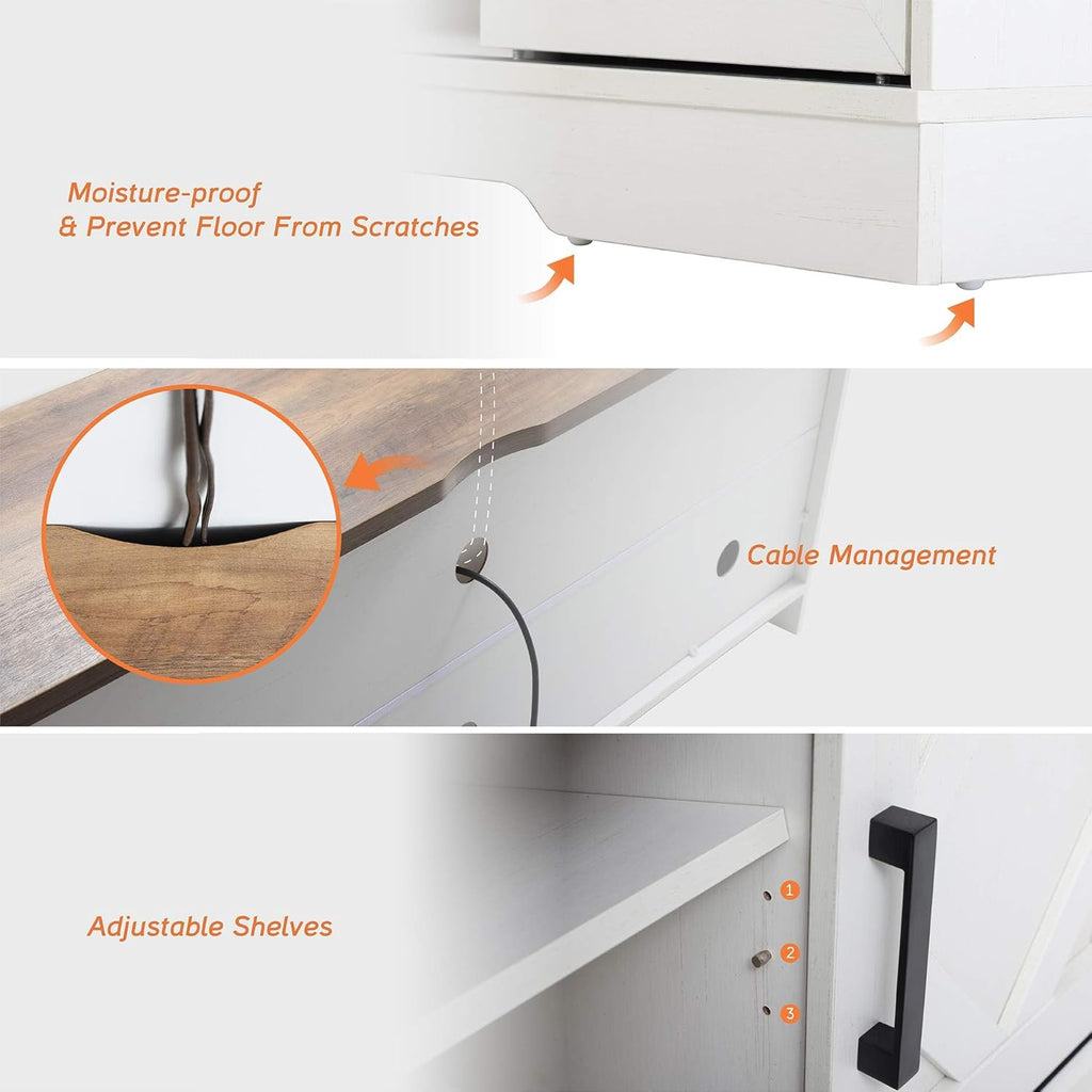 WAMPAT 3-in-1 Modern Farmhouse TV Stand for up to 95" TV, 25.6" H Wood Entertainment Center with Sliding Barn Door and Adjustable Media Storage Shelf for Living Room, Antique White