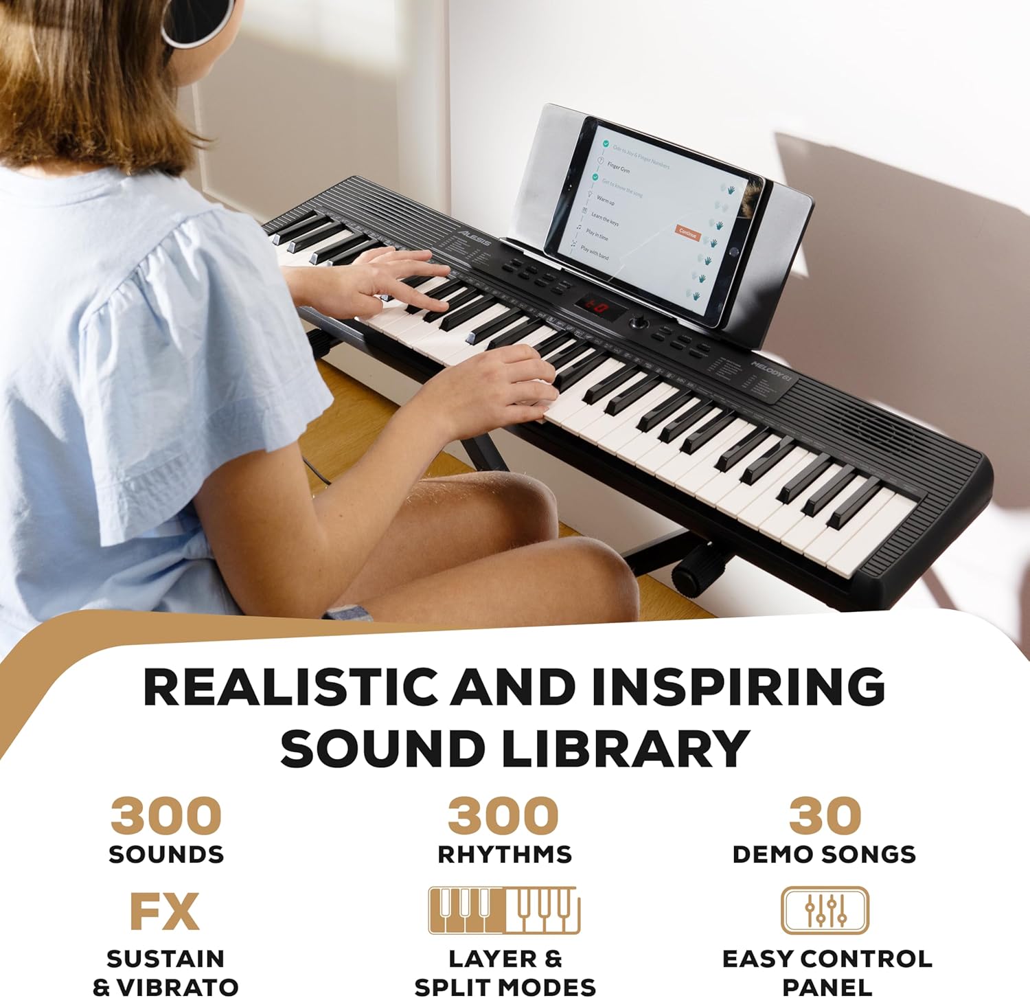 Alesis Melody 61 MK4 Keyboard Piano for Beginners with 61 Keys, Speakers, Stand, Bench, Headphones, Tablet/Sheet Music Stand, 300 Sounds and Music Lessons