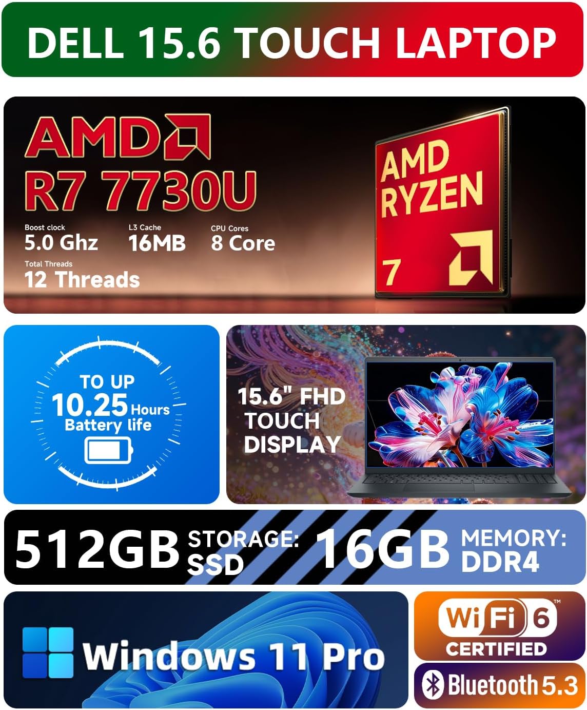 Dell Inspiron 15 3535 Touchscreen Laptop - 20GB DDR4 RAM, 1TB SSD, 15.6" FHD WVA Display, AMD Ryzen 7 7730U,Windows 11 Pro, Copilot, Wi-Fi, Numeric Keypad, Webcam, for Business & Students