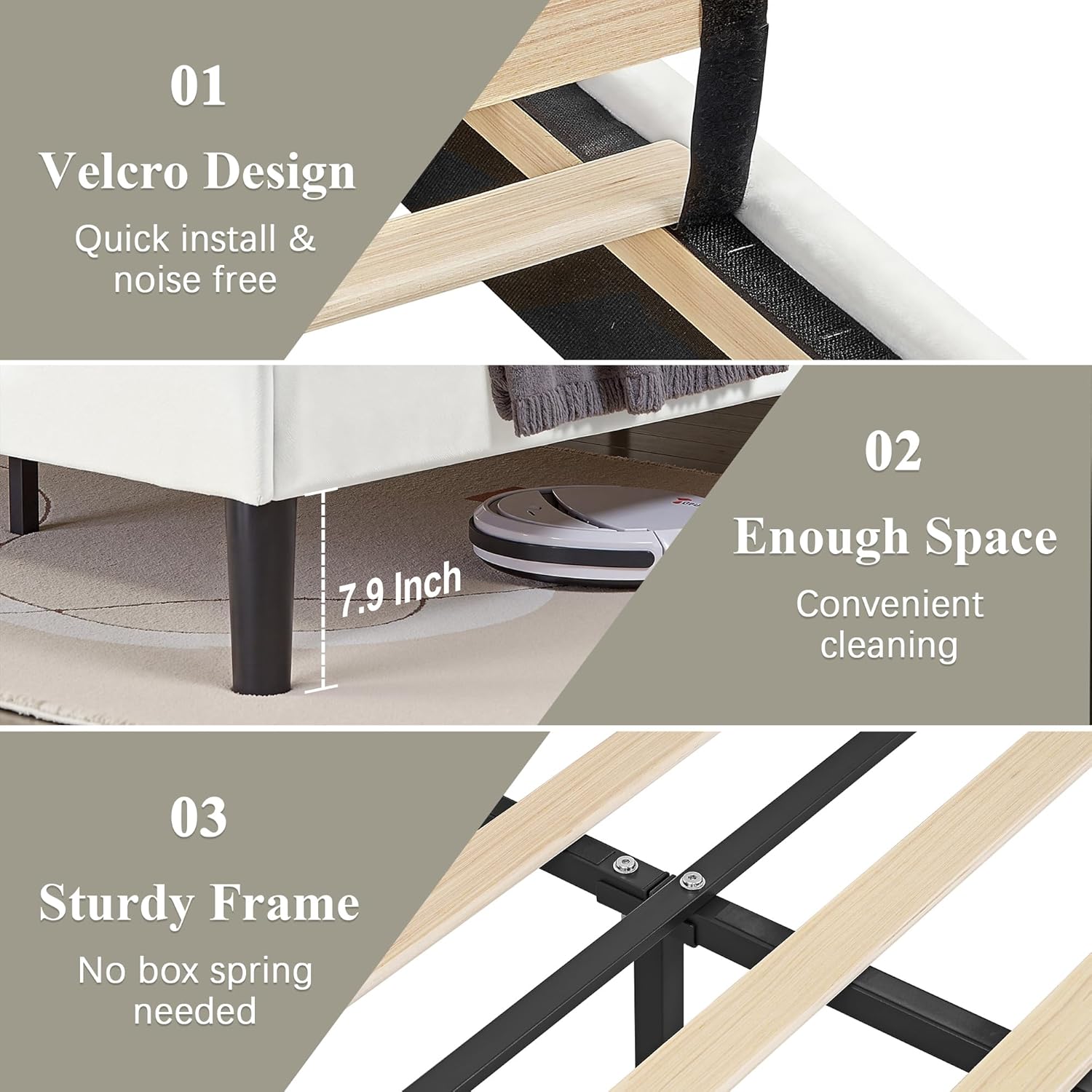 VECELO Queen Size Velvet Bed Frame with Headboard, Upholstered Platform Bedframe with Strong Wooden Slats, No Box Spring Needed, Easy Assembly,Off White