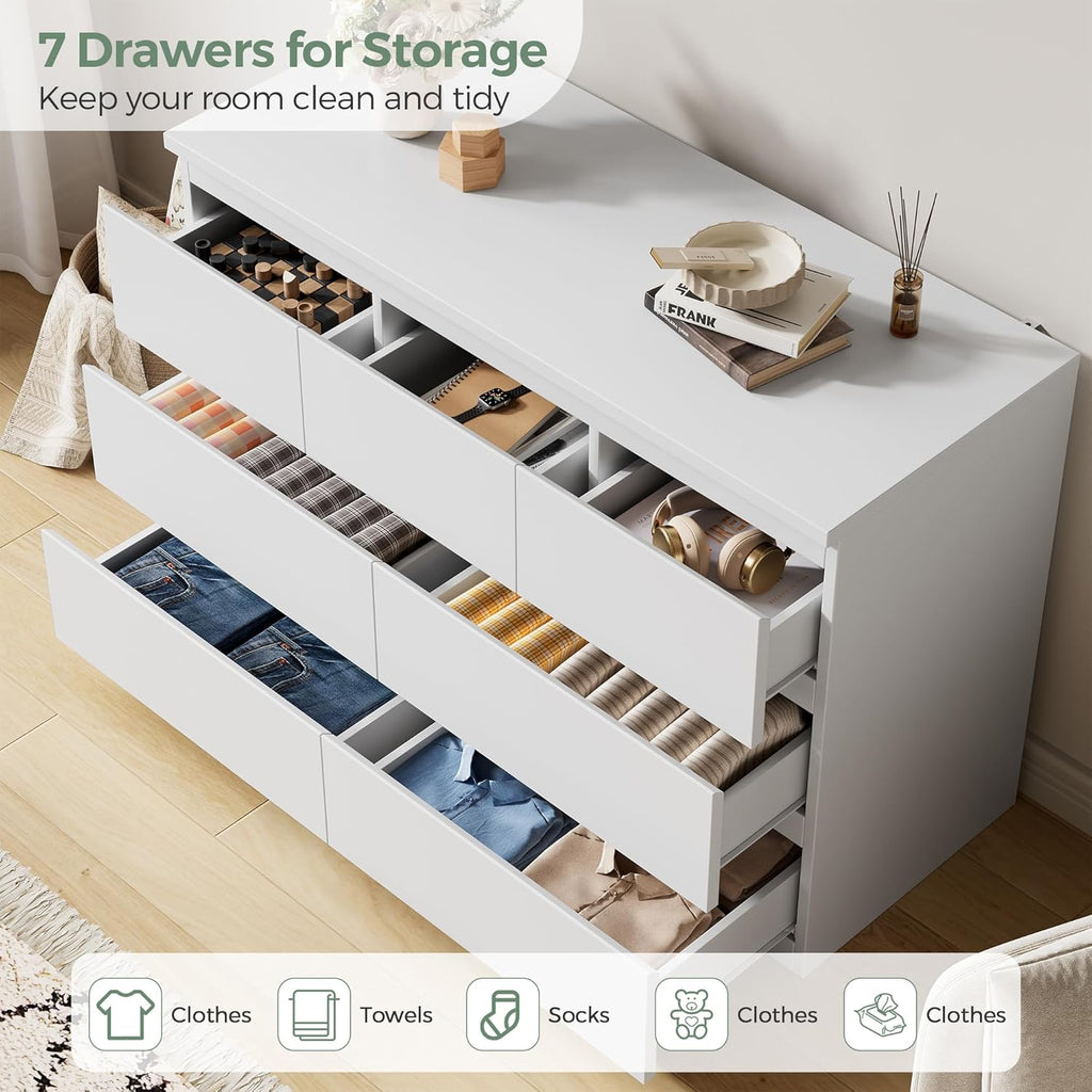 Jocoevol Modern White 7 Drawer Dresser for Bedroom, Simply Chest of Drawers, Wood Storage Dresser with Deep Drawers for Living Room Hallway Entryway, White