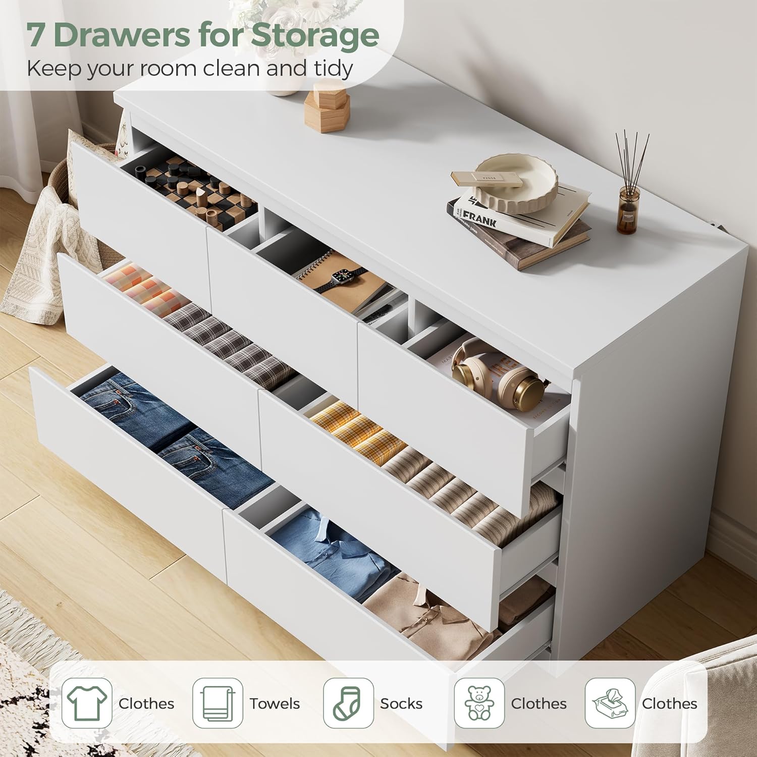 Jocoevol Modern White 7 Drawer Dresser for Bedroom, Simply Chest of Drawers, Wood Storage Dresser with Deep Drawers for Living Room Hallway Entryway, White