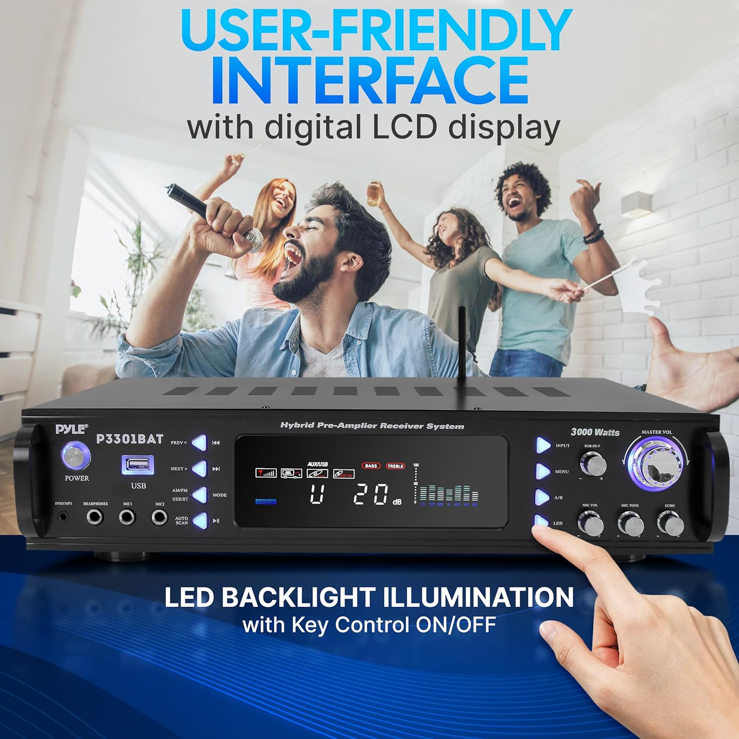Pyle Bluetooth Home Stereo Amplifier - Hybrid Multi-Channel 3000 Watt Power Amplifier Home Audio Receiver System w/ AM/FM Radio, MP3/USB,AUX,RCA Karaoke Mic in - Rack Mount, Remote - P3301BAT