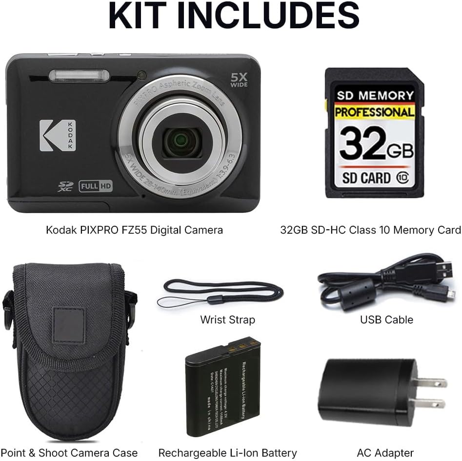 Kodak PIXPRO FZ55 Digital Camera, 16MP Compact Point & Shoot, 5X Optical Zoom, 28mm Wide Angle Lens, 1080P Full HD Video, Black + Camera Case & 32GB SD Card